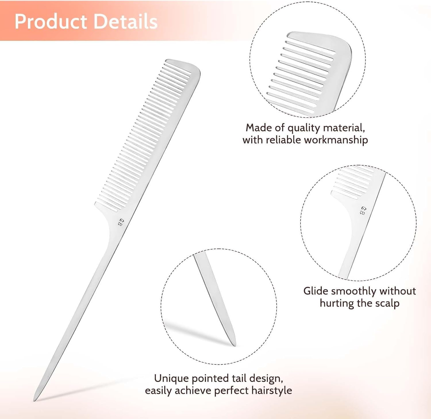 Metal Rat Tail Comb Stainless Steel Hair Combs Flat Top Fine Cutting Comb Teasing Pin Tail Barber Comb with Parting Tip, Rat Tail Comb with Metal Pick for Hair Stylist Women Men image number 6