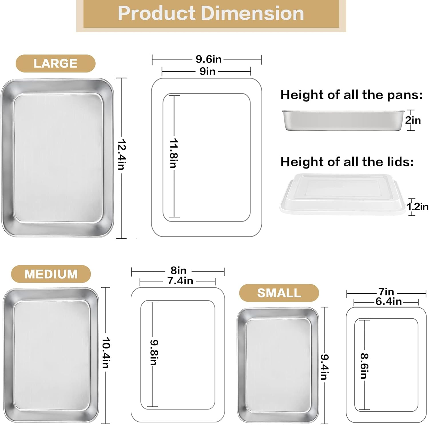 E-Far Baking Pan with Lid(12.4/10.4/9.4 Inch), Stainless Steel Rectangular Sheet Cake Pans with Cover, Metal Bakeware Sets for Lasagna Casseroles Brownie, Non-Toxic & Dishwasher Safe - 3 Pans + 3 Lids