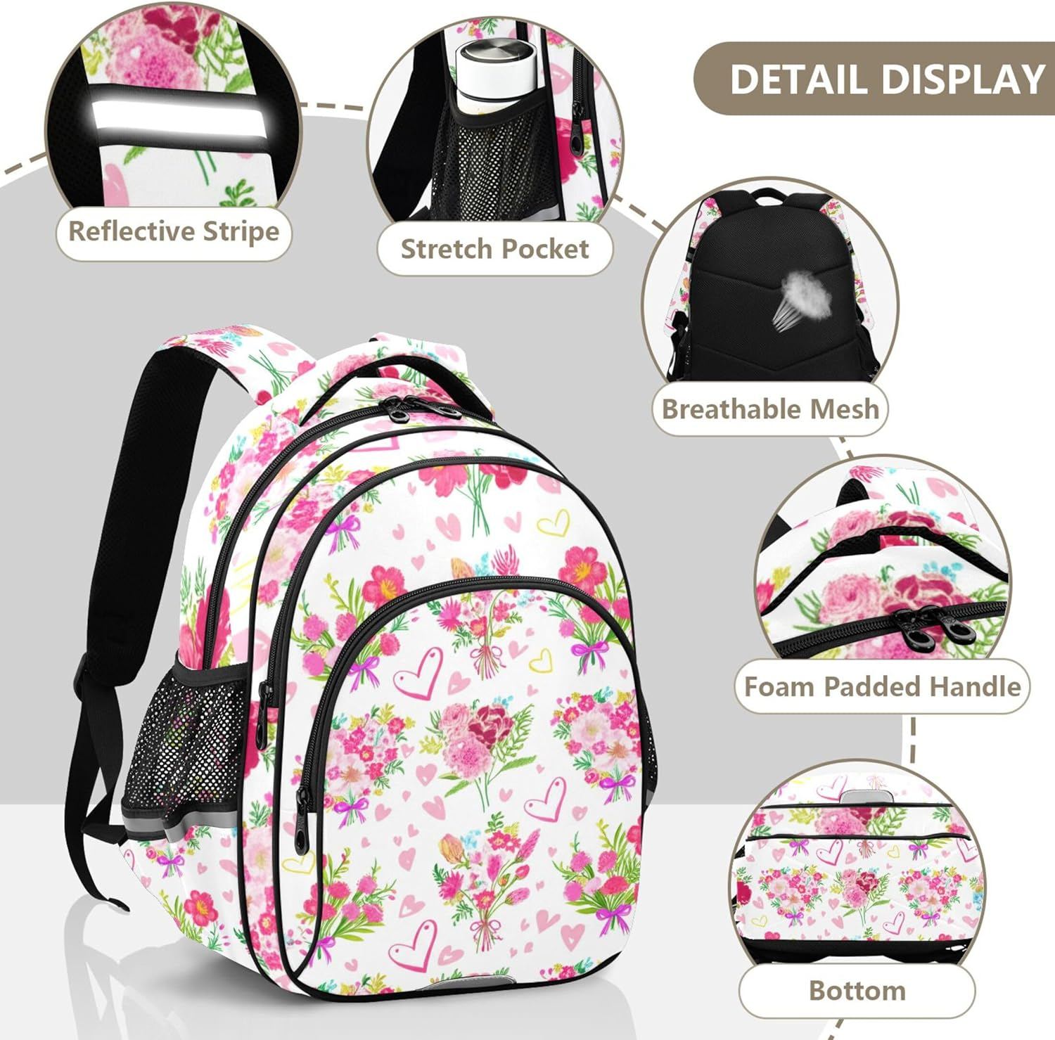 Joisal Kids Girls' Backpack Lightweight School Bags Kawaii Colorful Flower Bouquets Pink Bookbag Preschool Backpacks Cartoon image number 2