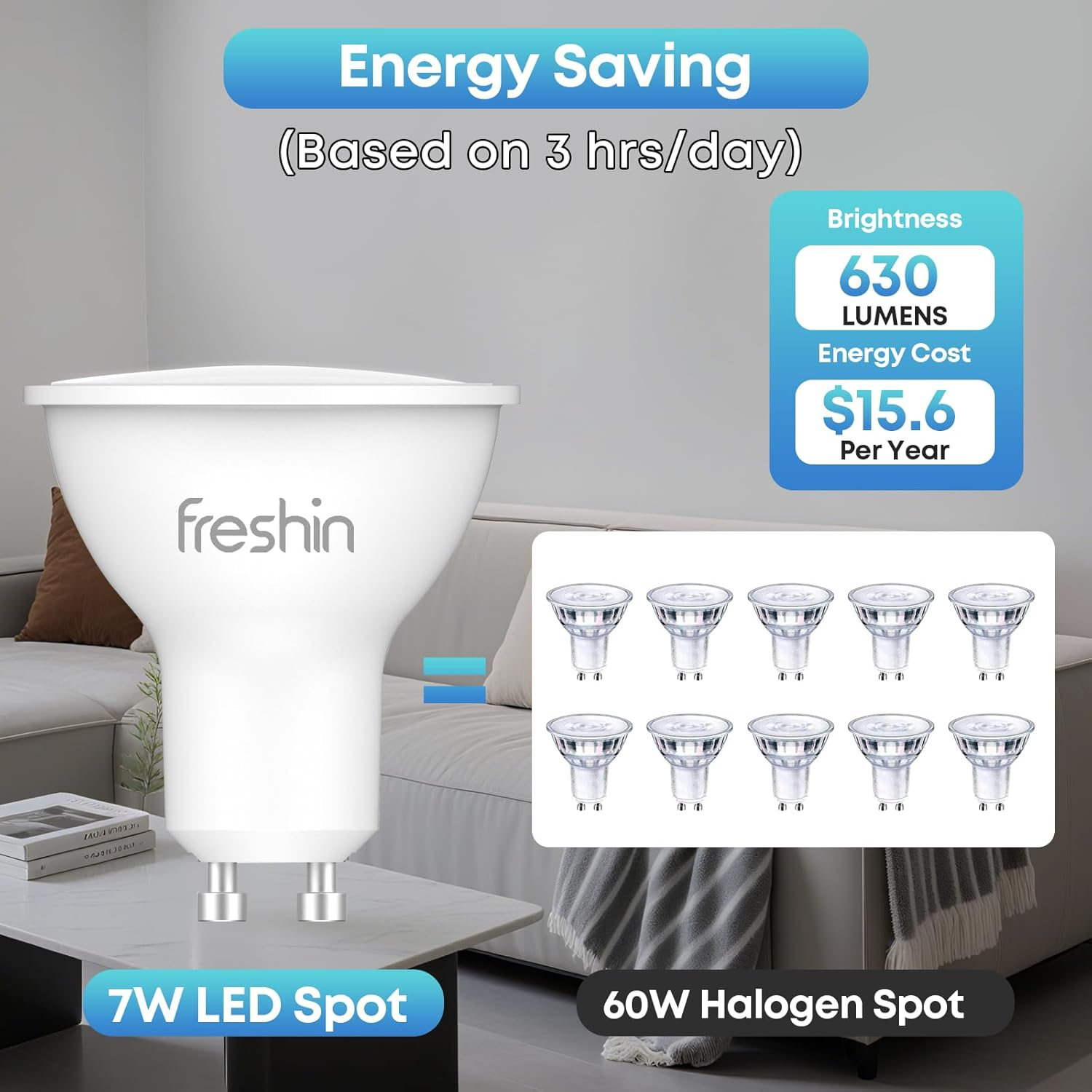 FRESHIN GU10 LED Light Bulb 7W, 630Lm 6000K Cool Daylight White, 60W Halogen Equivalent, CRI 80+, Non-Dimmable, Flicker-Free, Energy Saving Spot Light (4) image number 4