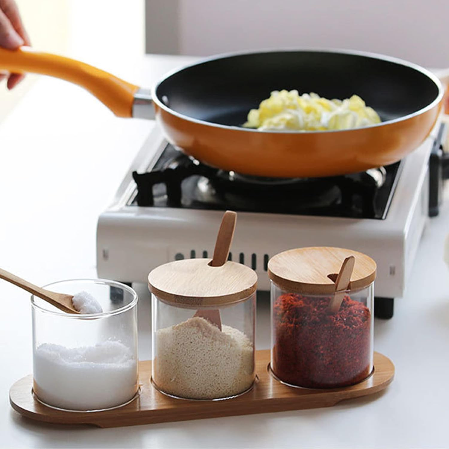 Incifuerza 3 Pack Rustic Condiment Jars with Rack, Glass Seasoning Box with Bamboo Lid, Seasoning Canister Set with Wooden Spoon and Bamboo Base image number 5