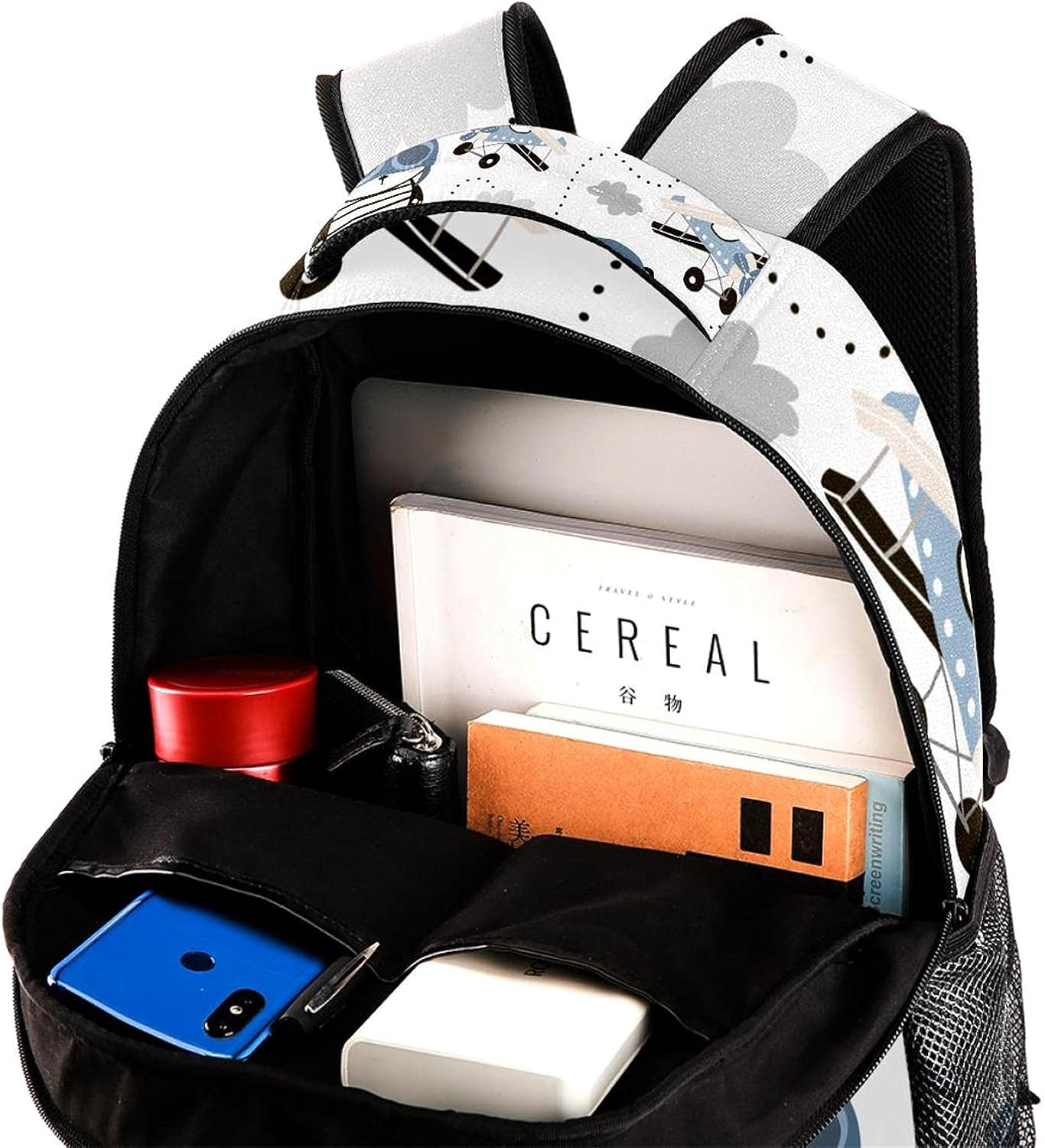 Cute Panda in Pilot Cap and Retro Air Planes Backpack Students Shoulder Bags Travel Bag College School Tote Backpacks image number 1