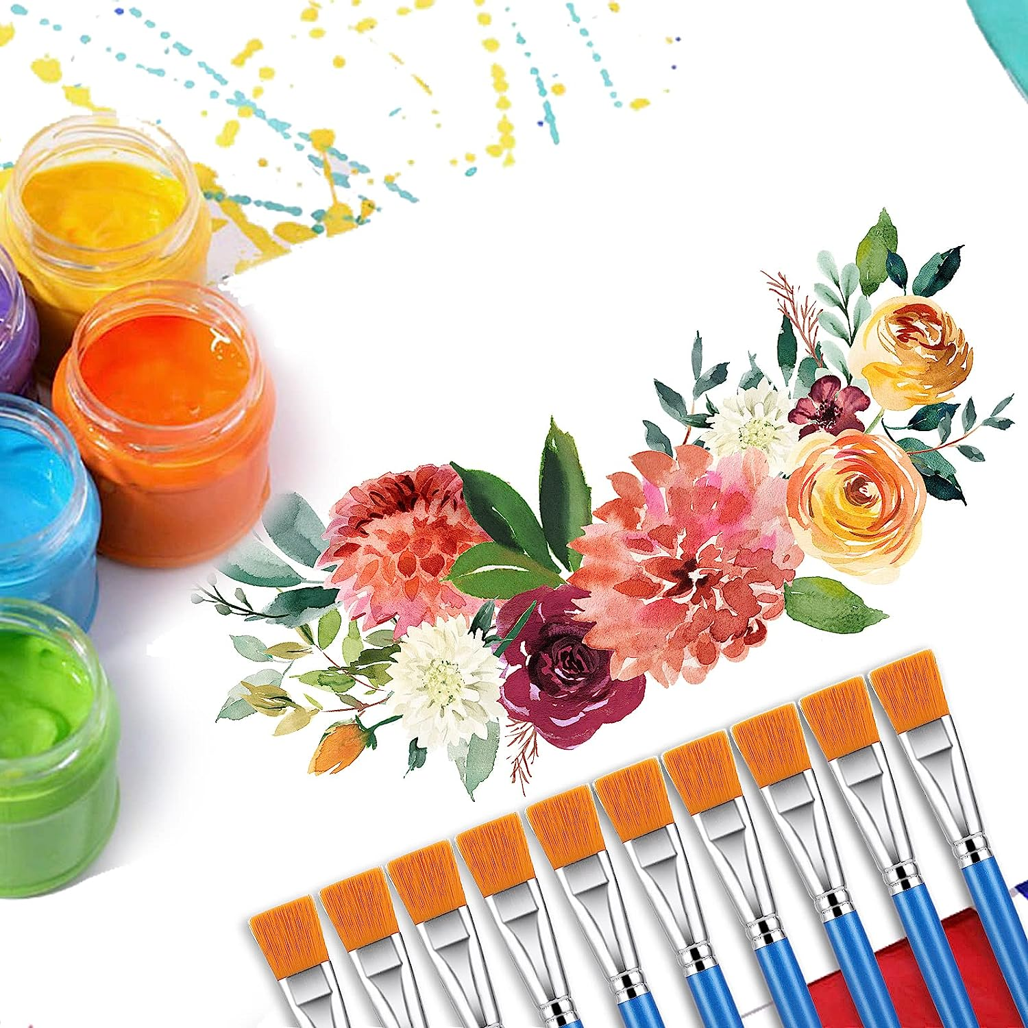 Prasacco 10 Pcs Flat Paint Brushes for Acrylic Painting, 1 Inch Art Paint Brushes Artist Painting Brush for Acrylic Watercolor Oil Detail Painting image number 6