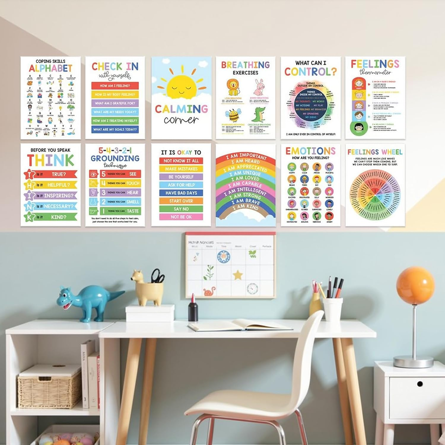 Calming Corner Posters, 12 Pieces Kids Feelings Wheel Chart Emotions Poster, Mental Health Visual Charts, Emotions and Mindfulness Wall Art, Sensory Wall Art for Preschool Home image number 1
