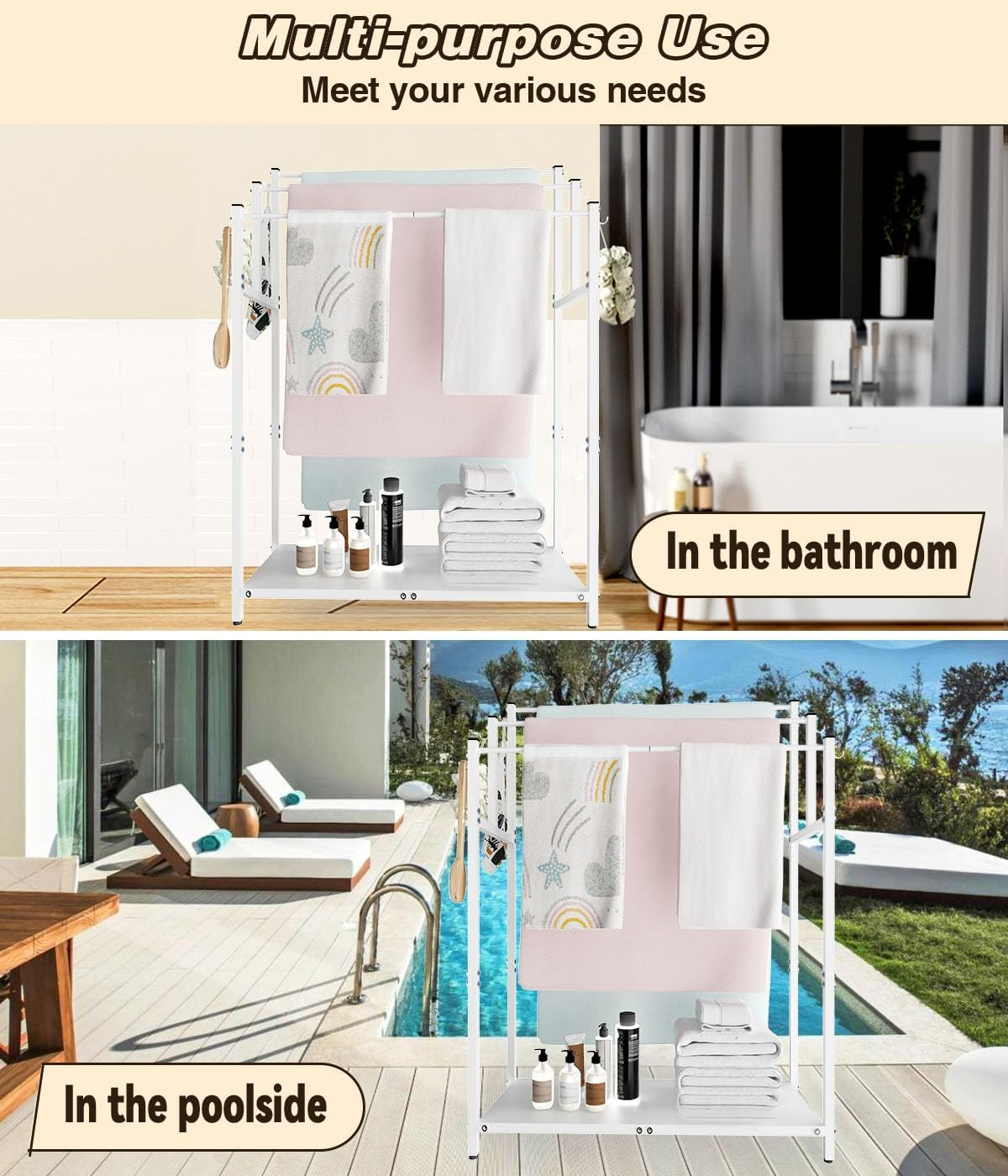 Mondazie 44&rdquo; Tall Free Standing Towel Racks with 6 Hooks for Bathroom, 3 Tiers Oversized Pool Bath Towels Drying Stand, Metal Blanket Ladder Holder with Storage Shelf for Bedroom Living Room, White - Black image number 6