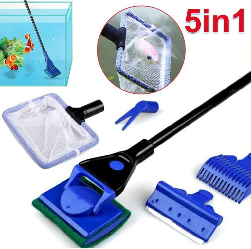 AIMALL 5 In1 Water Aquarium Cleaning Tool Fish Tank Gravel Vacuum Glass Cleaner Brush, Durable Plastic, 19.09-Inch Tool, Blue