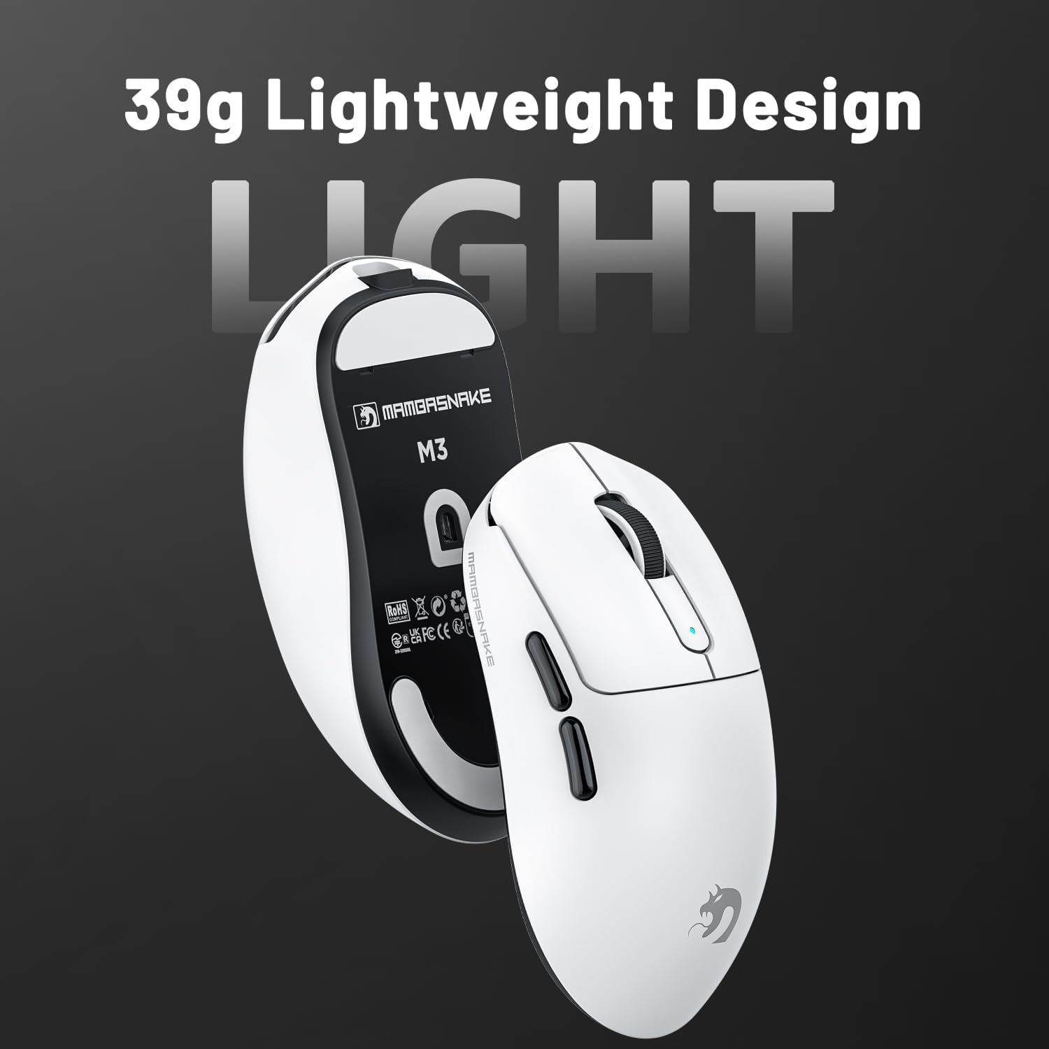 MAMBASNAKE M3 Wireless Gaming Mouse, 40K DPI, 39G Lightweight Gaming Mouse, PAW3395PRO Optical Sensor,Tri-Mode BT5.1/2.4G/USB-C PC Game Mice, Programmable Buttons,300Mah Battery for Pc/Laptop/Mac/Win image number 2