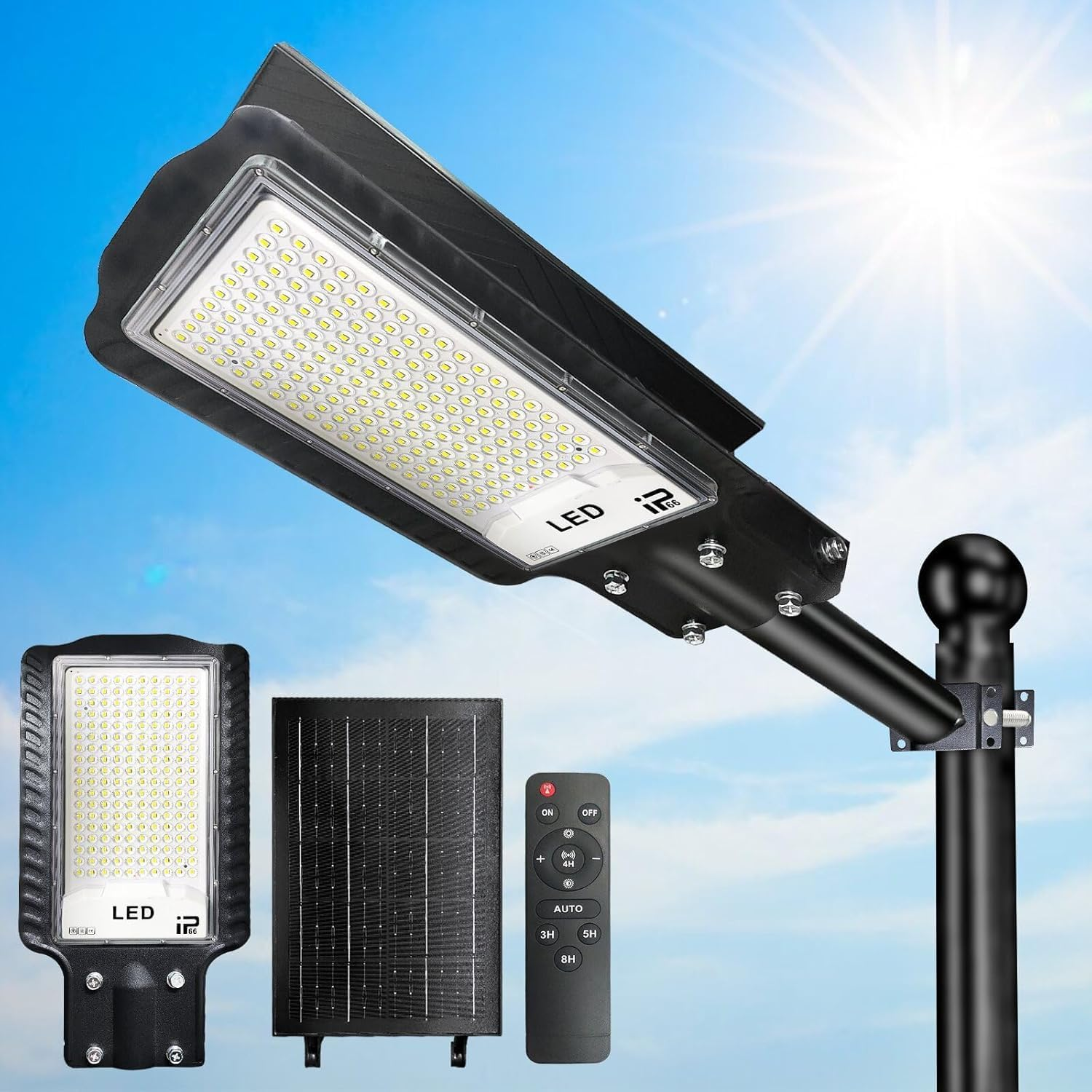 Solar Street Lights Outdoor,6500K Solar Commercial Lighting Fixture, Dusk to Dawn Lights,30000Lm Security Flood Light with Remote Control for Yard, Parking Lot, Playground IP66 Waterproof image number 4