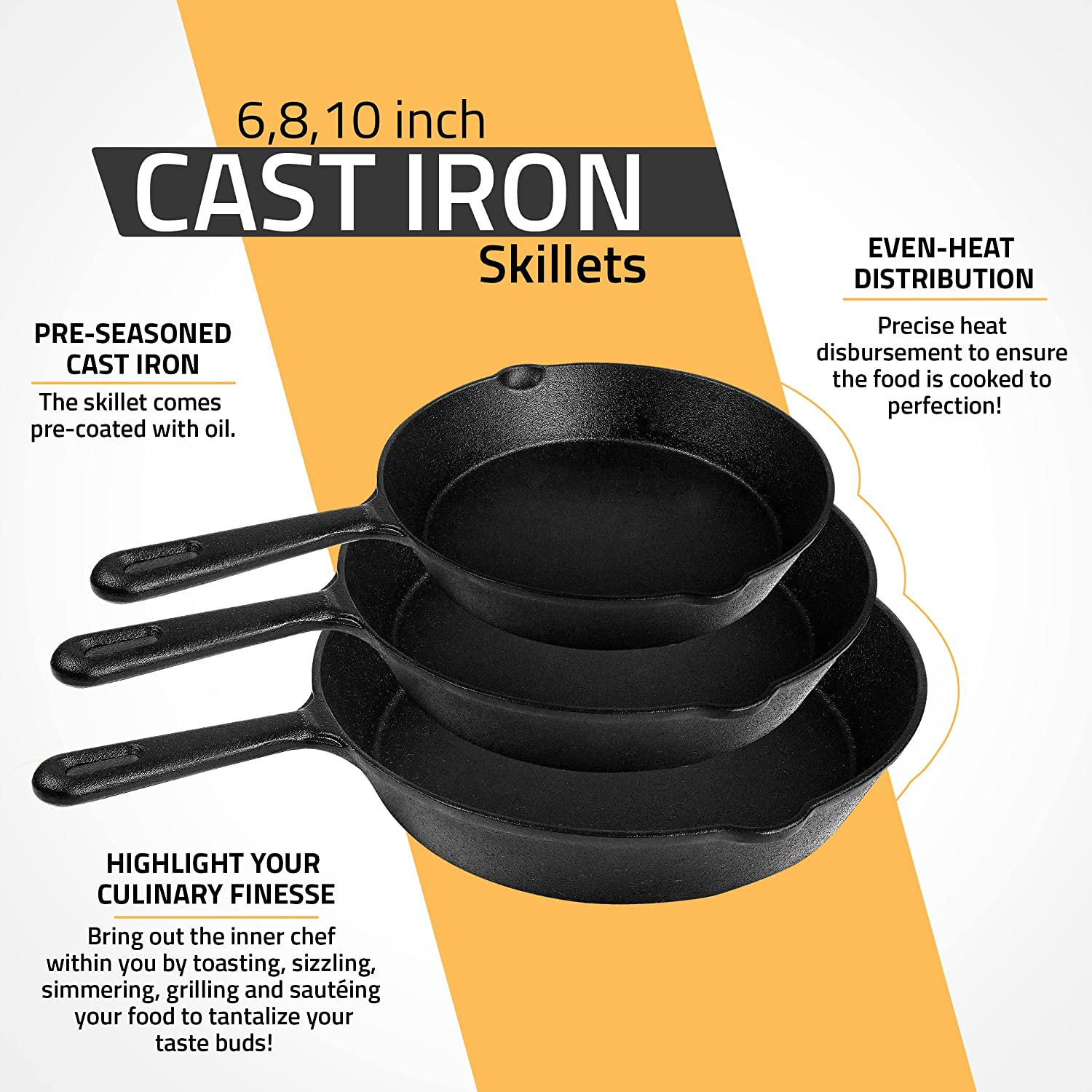 Utopia Kitchen - Pre Seasoned Cast Iron Skillet (Set of 3 Pcs) - 6 Inches 8 Inches and 10 Inches image number 5