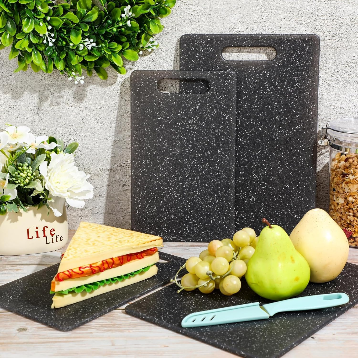 3-Piece Chef Chopping Board Set,Cutting Board Set for Kitchen,Easy Grip Handle Dishwasher Safe Cutting Boards for Food Fruits Vegetables Home,Bpa-Free Plastic,Black image number 1