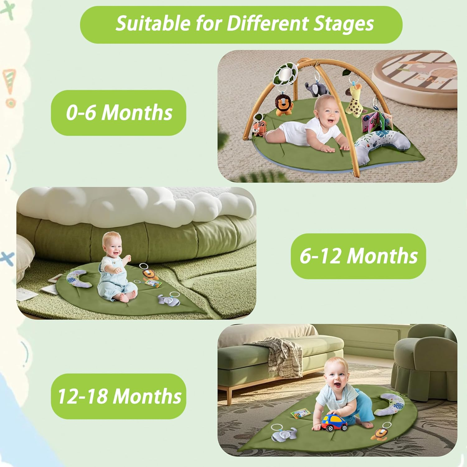 Baby Play Mat, Extra Large Leaf Shaped Tummy Time Mat with 7 Detachable Toys for Newborn Infant Motor Skills & Sensory Development, Ideal & Newborn Essentials image number 4