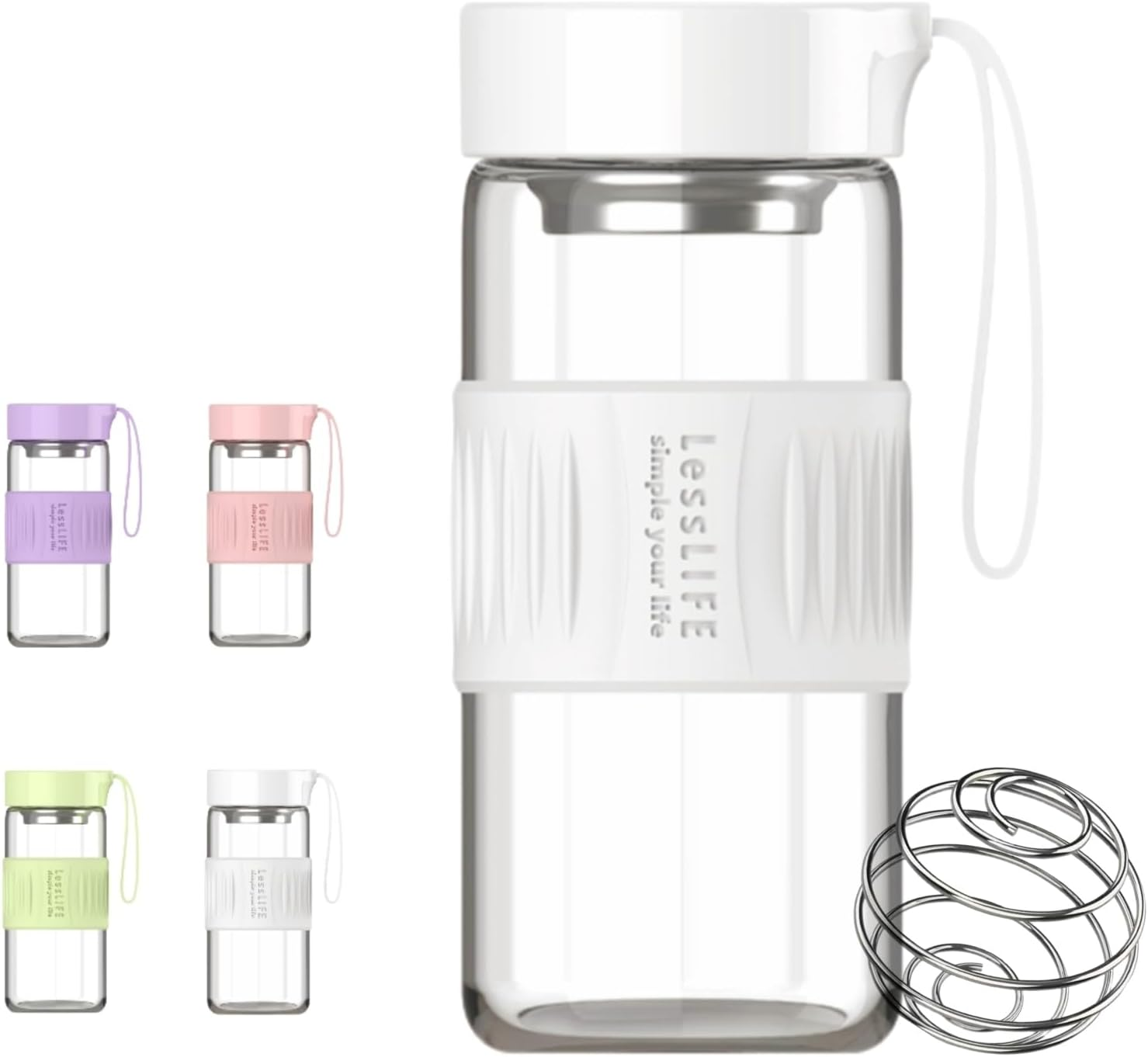 HENGFEI Glass Shaker Bottle for Protein Mixes,16Oz Glass Shaker with Silicone Carry Handle, Strainer and Shaker Ball (Ivory)