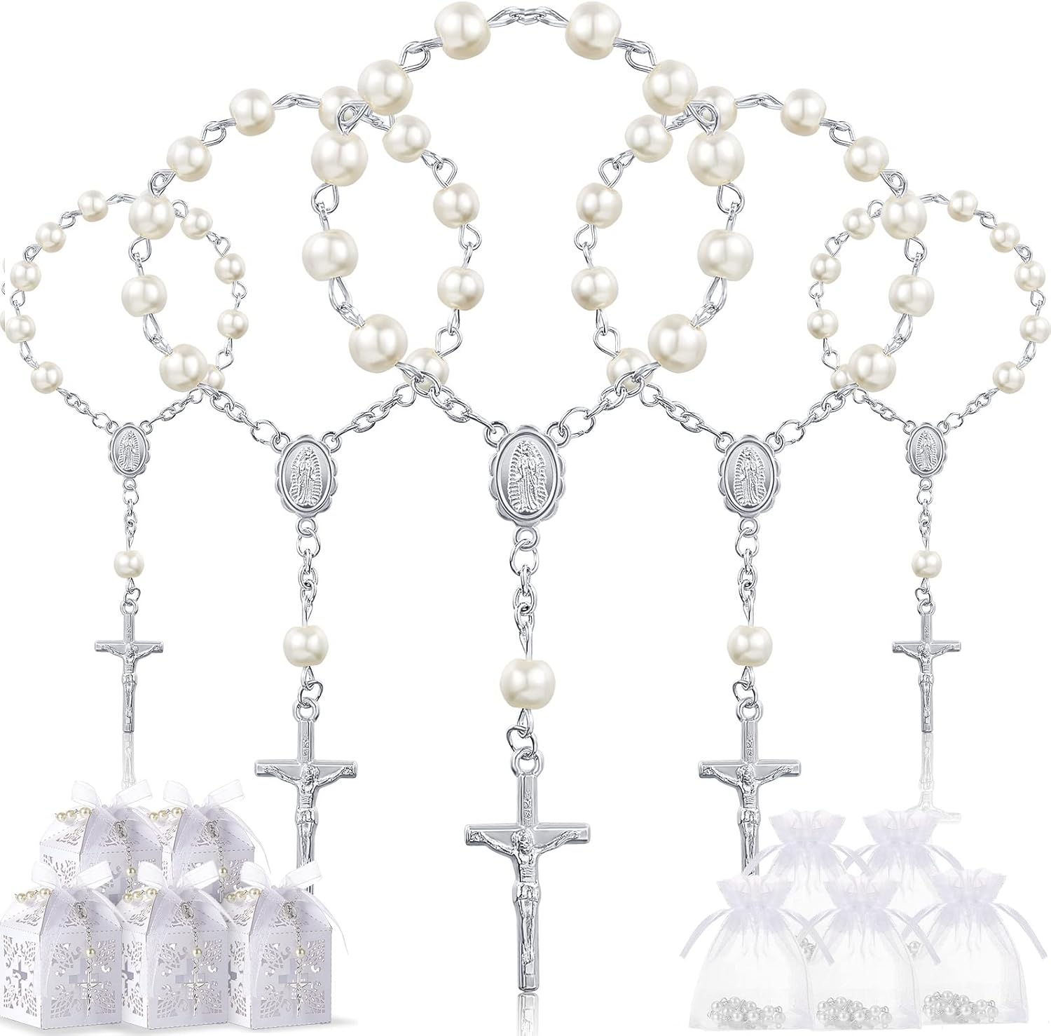 50 Packs Baptism Favors Set Acrylic Rosary Beads Faux Pearls with Organza Bags and Cross Baptism Favor Boxes Recuerdo De Boda Y Bautizo for Christening Weddings Party Favors(Gold Pearl Bracelet)