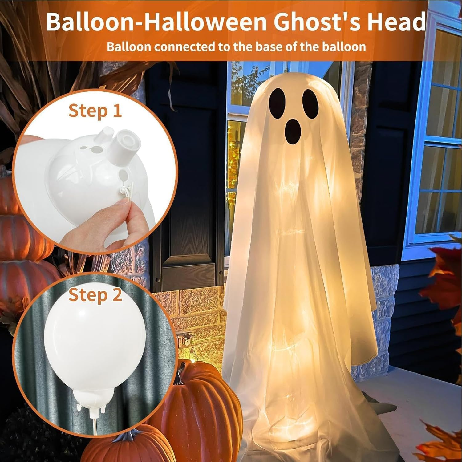 Spooky Ghost with Light | Halloween Decoration Large Cute Ghost with LED String Lights and Balloon | Halloween Outdoor Hanging Decorations for Garden, Porch, Yard, Balcony, Lawn, Patio, Front Door image number 1
