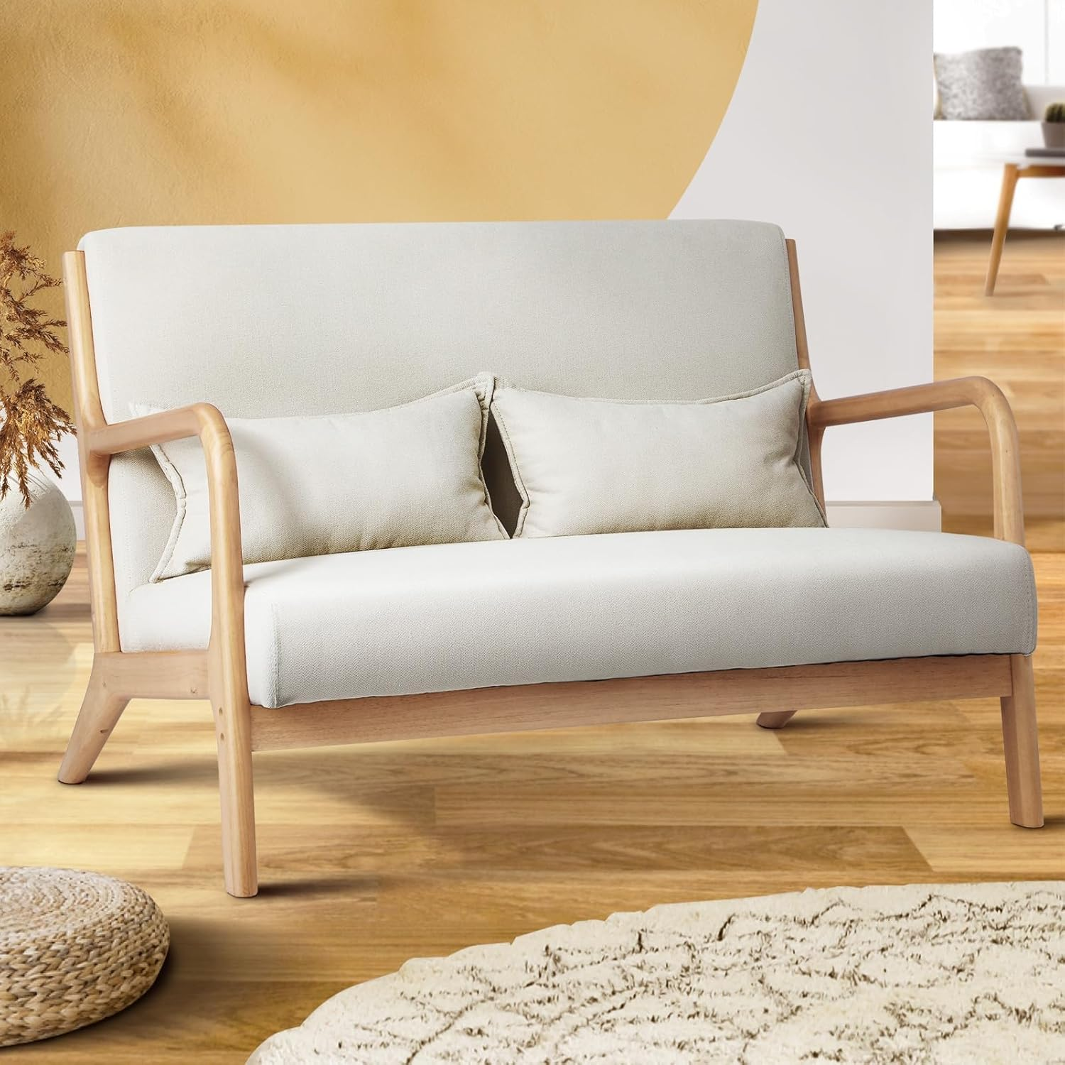 Oikiture Armchair with 2 Seater, Wooden Frame Lounge Chair with Pillow and Cushion Beige