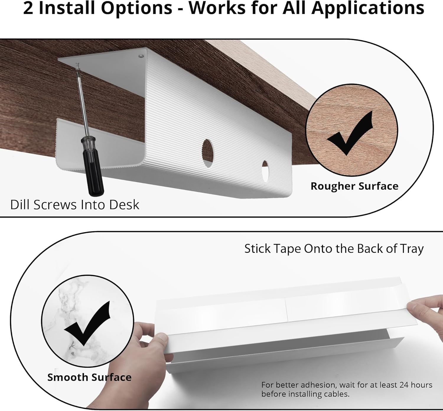 Large Capacity under Desk Cable Management Trays 2 Pack - Ultra Sturdy PVC Cable Tray - Cable Organizer under Desk for Office and Home, 2 Install Options for All Applications - White
