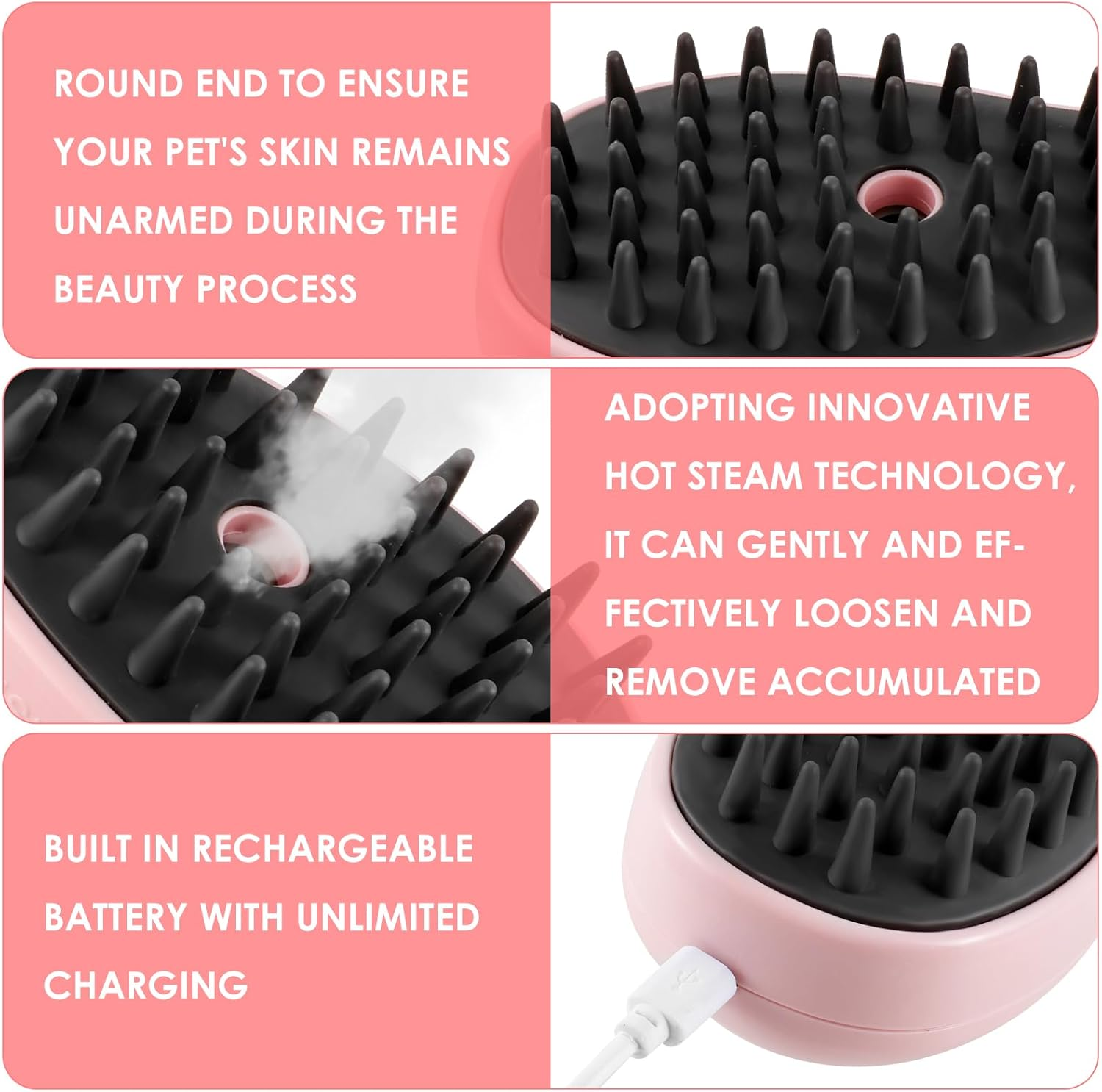 Cat Steam Brush 3 in 1 Spray Cat Brush Usb Rechargeable Steaming Cat Grooming Brush Knot and Loose Hair Removal Brush Pet Shedding Comb for Cat and Dog Pet (Pink) - Pink image number 5