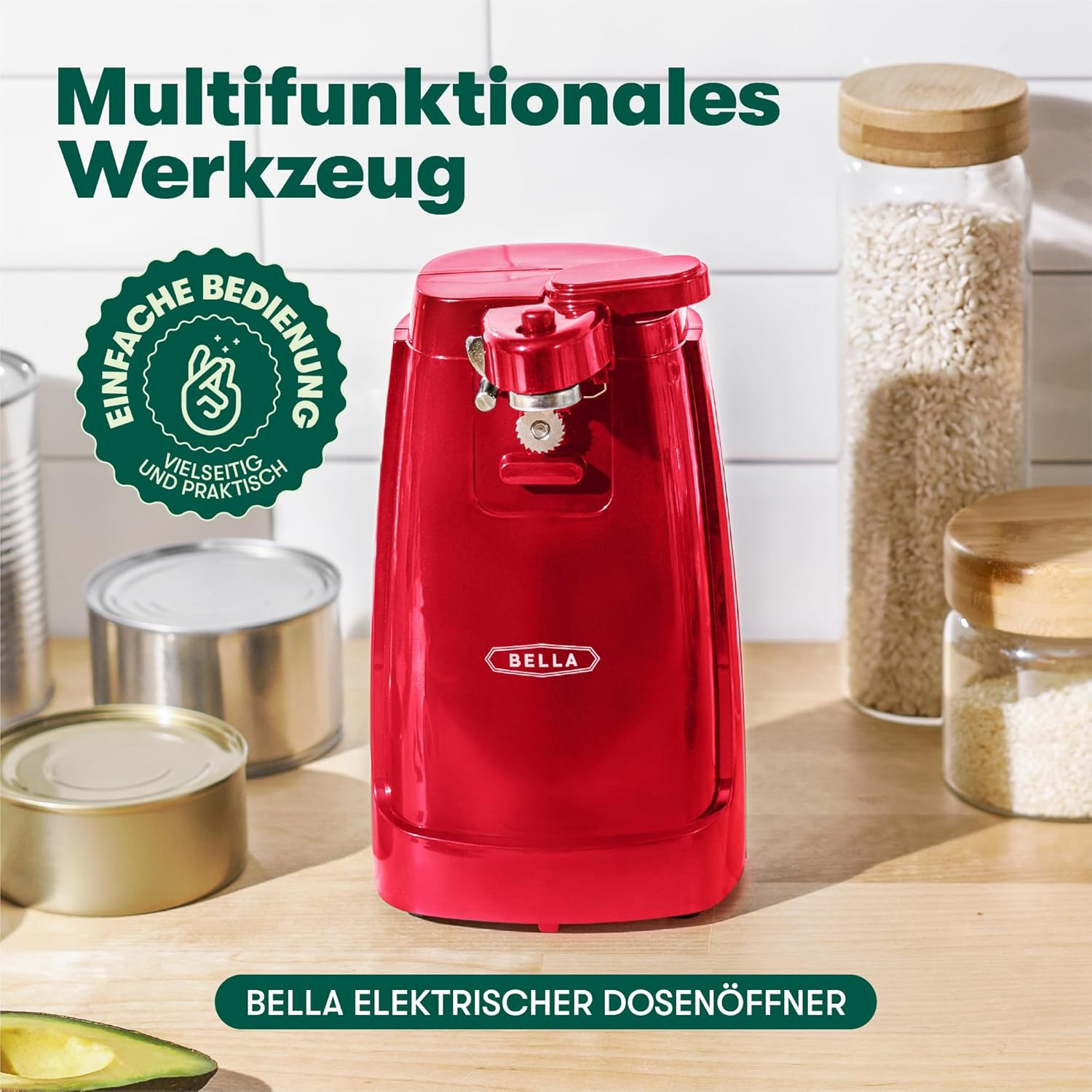 BELLA Electric Can Opener and Knife Sharpener, Multifunctional Jar and Bottle Opener with Removable Cutting Lever and Cable Storage, Stainless Steel Blade, Red