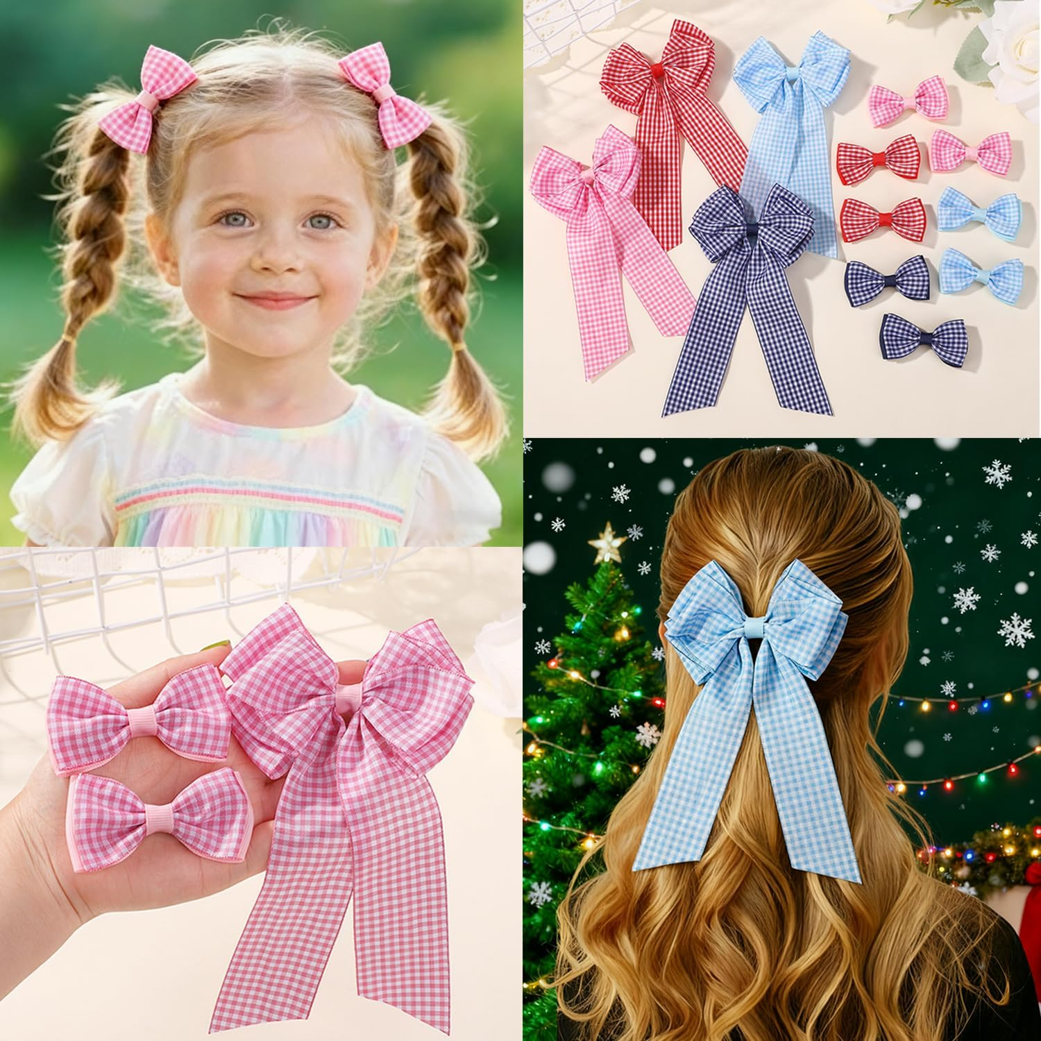 12PCS Girls Plaid Bow Hair Clips, Gingham Hair Ribbon Nonslip Alligator Clips Checkered Bowknot Hair Clips with Long Tails Ponytail Holder Barrettes Pin Hair Accessories for Infant Toddlers Teens Kids image number 4