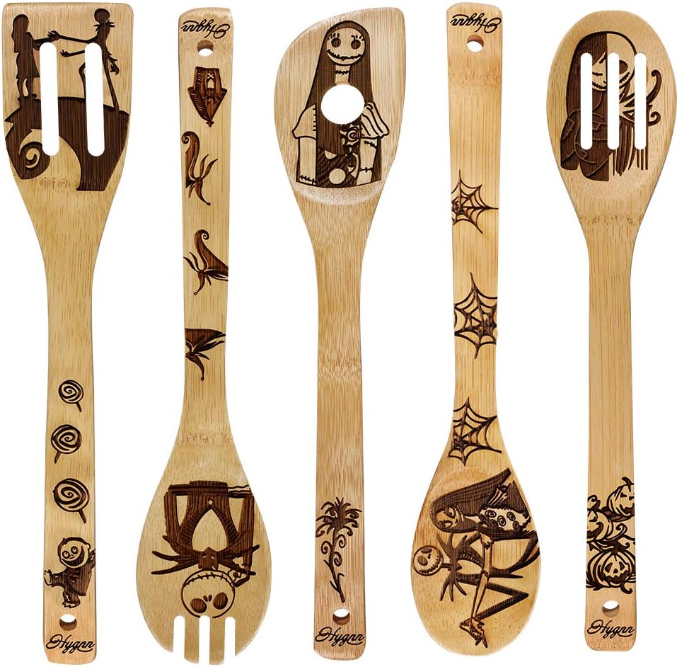 Idea Utensil Burned Wooden Spoons Set House Warming Wedding Present Slotted Spoon 5 Piece