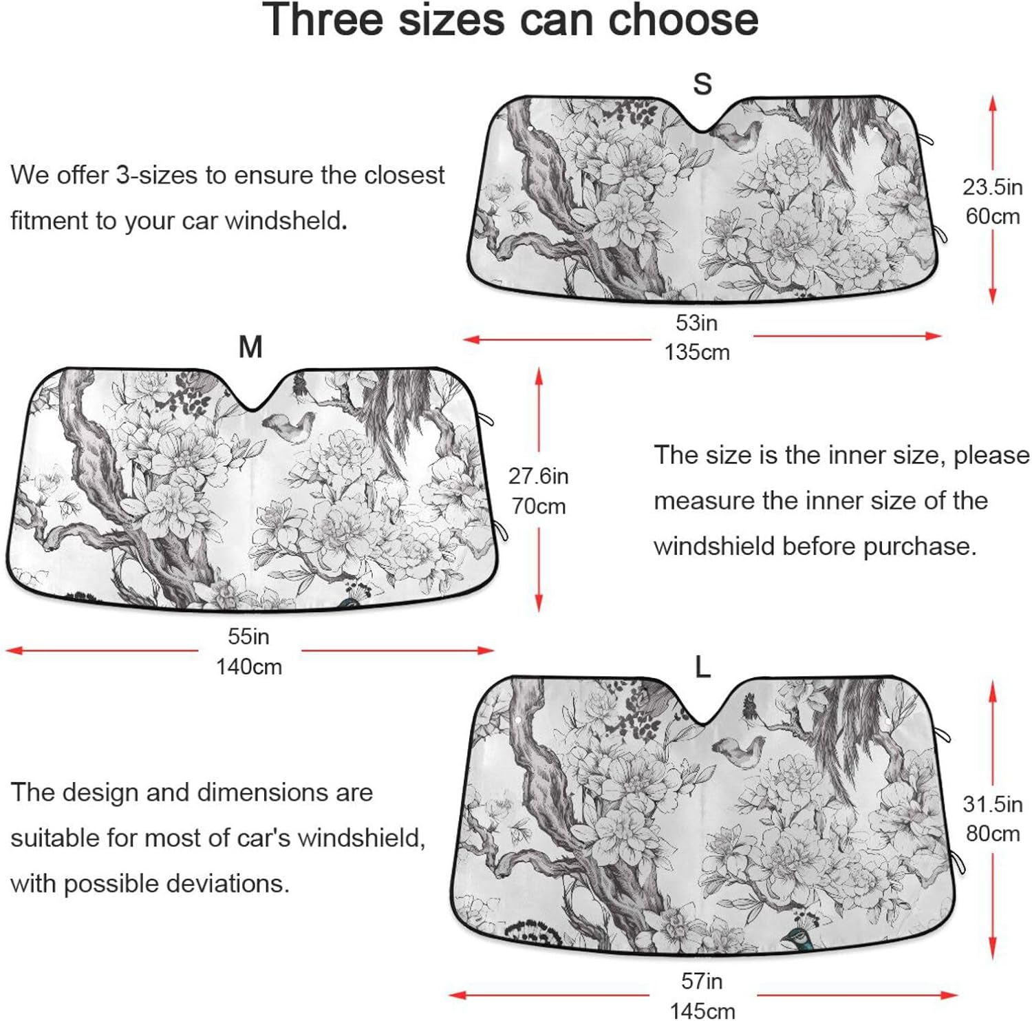 Cherry Blossoms Peacock Retro Pattern Car Windshield Sun Shade Front Windshield Sun Shade Keep Vehicle Cool