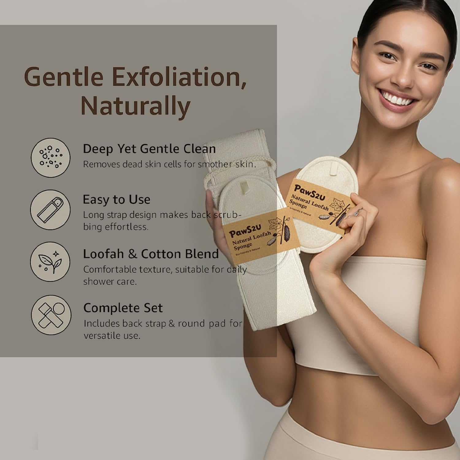 Loofah Dual-Sided Bath Set - Exfoliating Back Scrubber & Gentle Wash Sponge, Natural Plant Fiber Body Scrubber for Smooth Skin