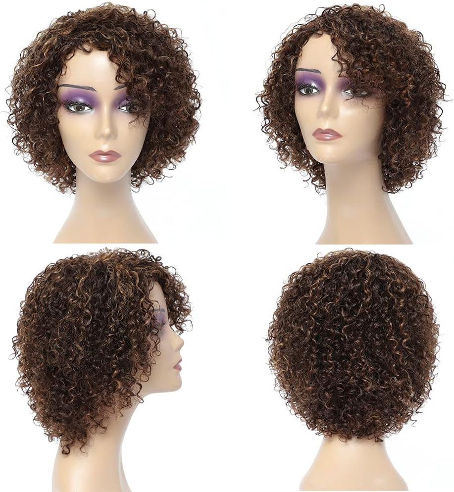 HUA Kinky Curly Short Wigs for Black Women Human Hair Chocolate Brown Mix Medium Auburn Curly Human Hair Wigs for Black Women Glueless 4/30 Color Short Wigs for Women