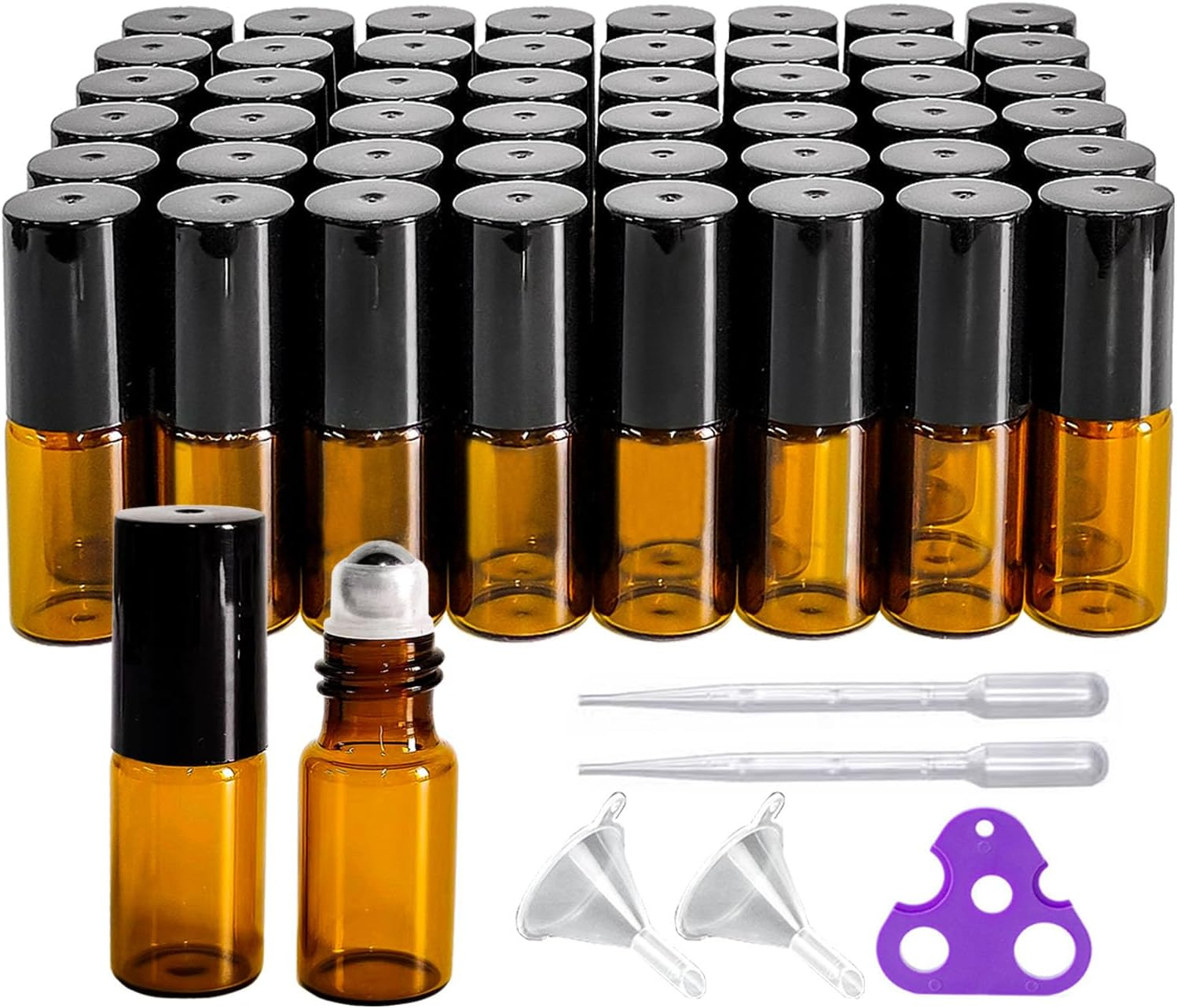 50 PCS 3Ml Amber Glass Roller Bottle,Essential Oil Sample Vials with Stainless Steel Roller Ball,Black Caps,For Travel Perfume Cosmetics Small Container(2 Funnels, 2 Dropper, 1 Opener) (3Ml) image number 5