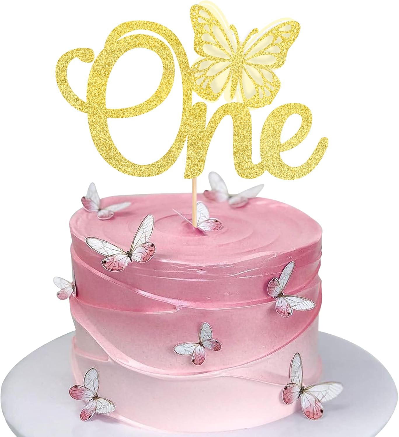 SYKYCTCY 1 Pack Butterfly One Cake Topper Glitter Butterfly 1St Birthday Cake Pick for Butterfly Theme Baby 1St Birthday Baby Shower Party Cake Decorations Supplies Rose Gold