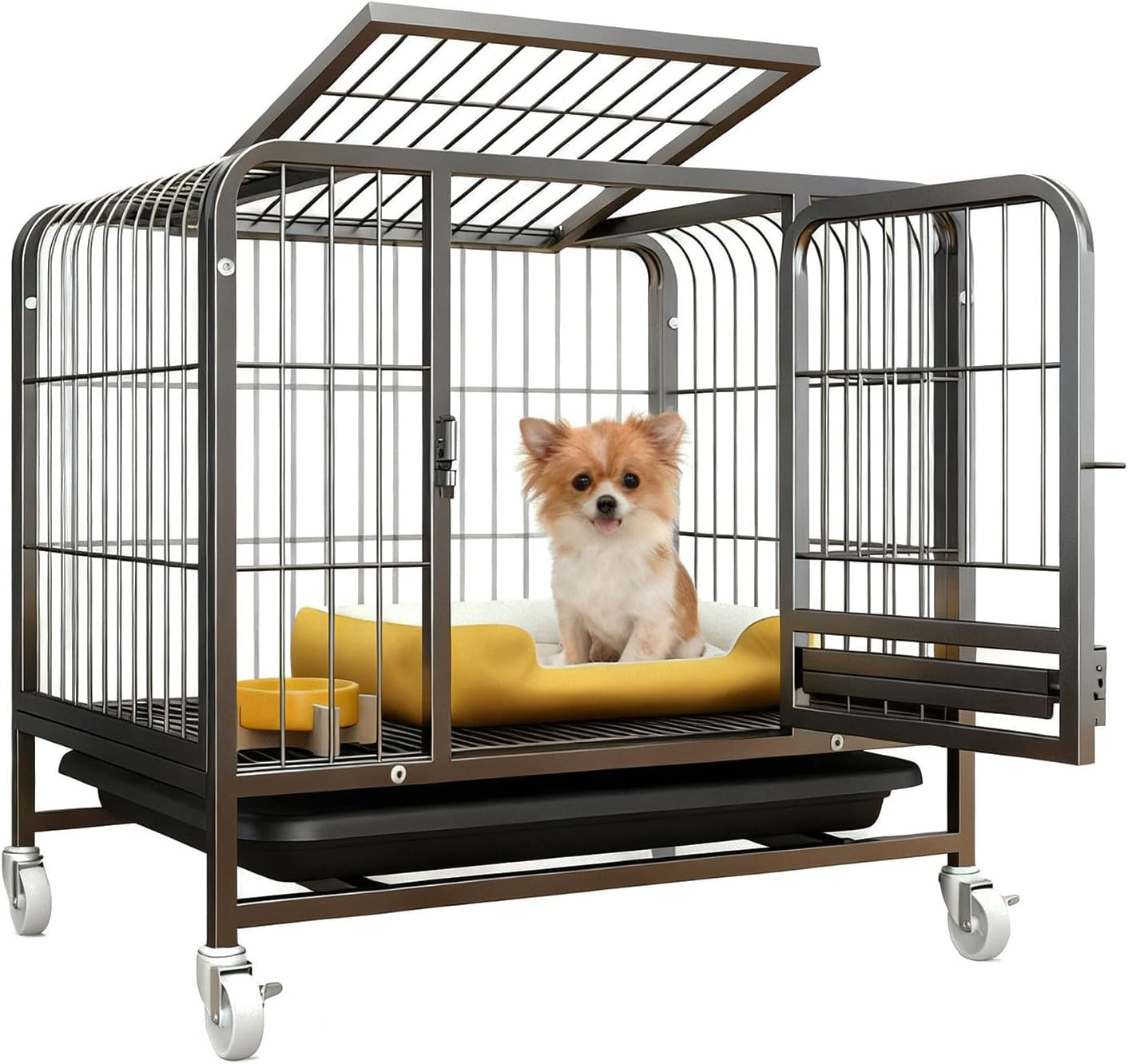 Dog Crate with Removable Tray, Large Dog Cage with Wheels, Double Door Kennel Black 77 * 51 * 71Cm image number 5