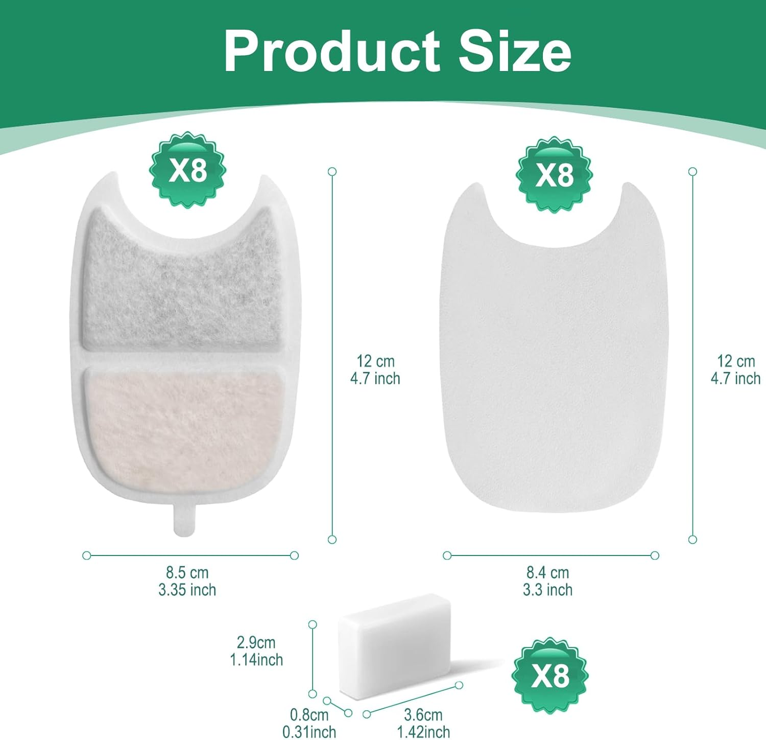 8 Set Cat Water Fountain Filters, Hantoc Replacement Pet Water Fountain Filters 8Pcs Activated Carbon Filter with Active Carbon & 8Pcs Foam Sponge for 4.2L Water Fountain with Sensor &lrm;YPD-C004 image number 1