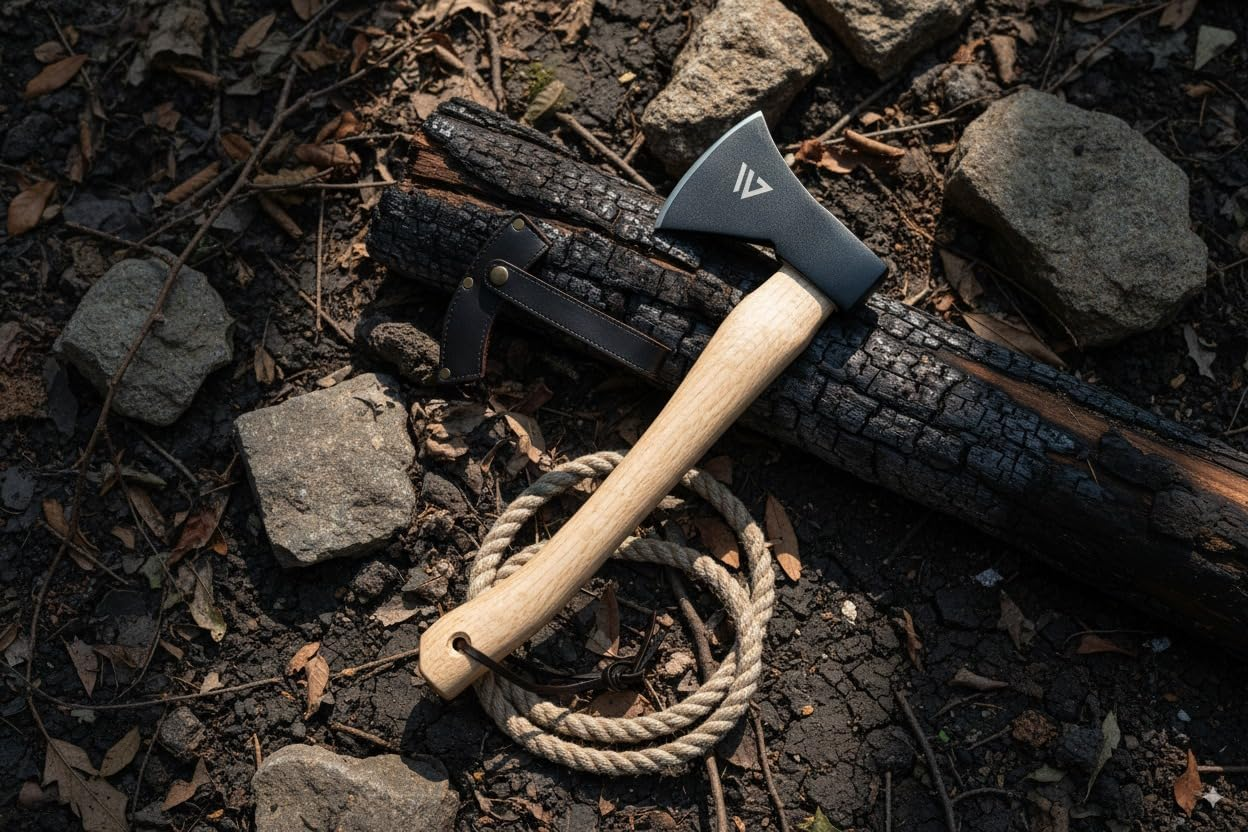 Wilora Wood Handle Hatchet | Camping Axe with Ring-Cupped Oak Handle, 45# Steel Blade, PU Sheath, and Lanyard | Firewood Splitting and Survival Tool image number 2
