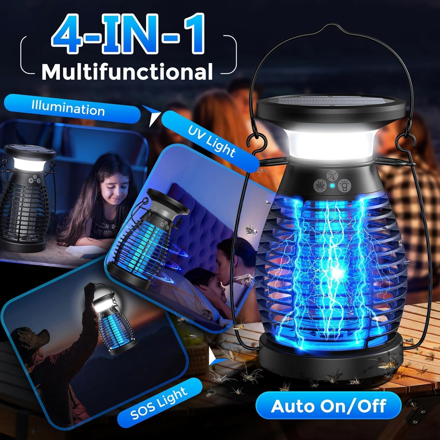 Solar Bug Zapper Outdoor, Electric Bug Zapper, 4000Mah Rechargeable Mosquito Zapper, Cordless Fly Zapper, 4 Modes Waterproof Insect Zapper for Home Garden Patio Backyard Camping Black image number 3