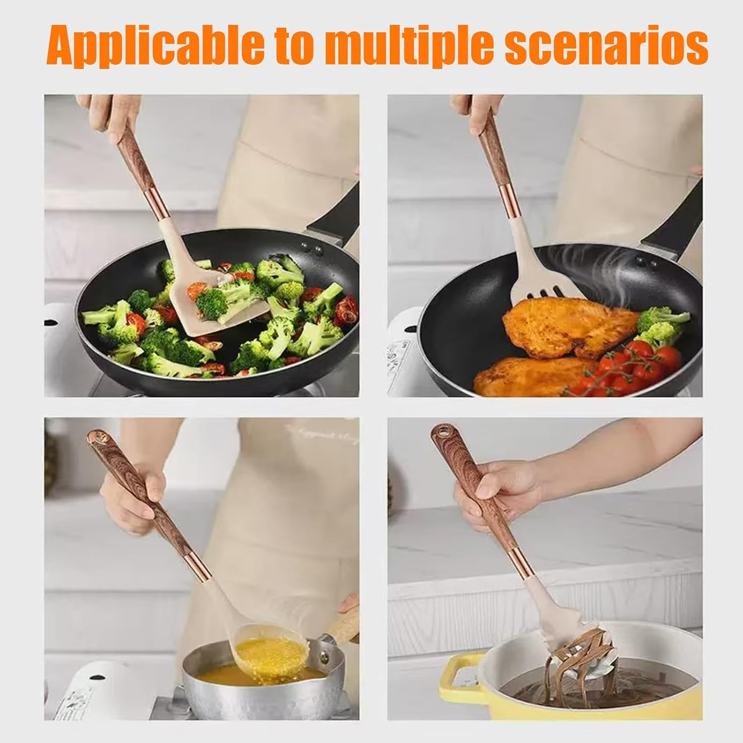 Kitchen Utensil Set, 12 Pack Cooking Utensils Set with Wooden Handles and Wood Grain Storage Bucket, Heat Resistant Multi Functional Silicone Spatula for Non Stick Frying Pans and Pots (Brown) image number 5