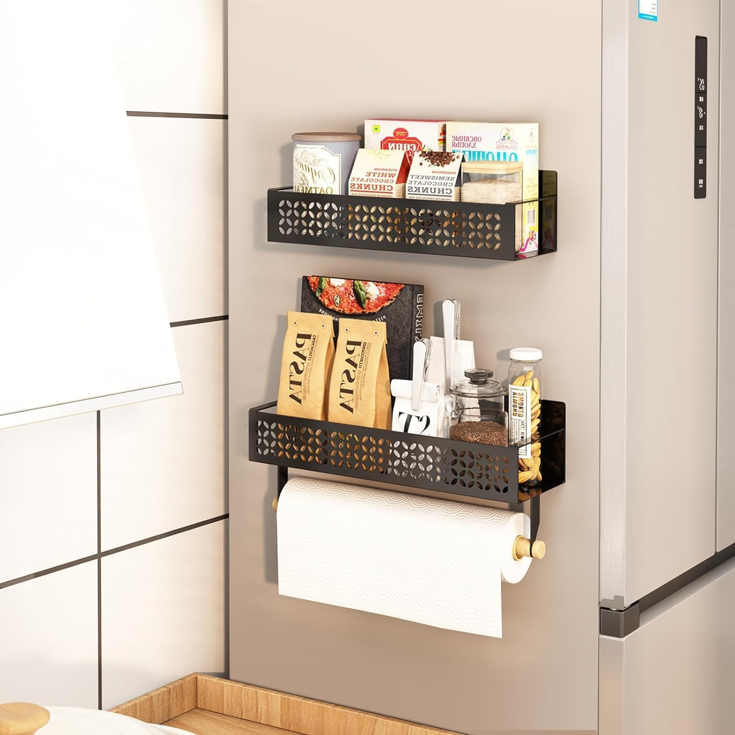 Magnetic Spice Rack Organizer for Refrigerator, Metal Magnetic Shelf for Refrigerator, Strong Magnetic Fridge Shelf for Microwave, Kitchen Organizers Storage Gadgets (2 Pack Black) image number 1