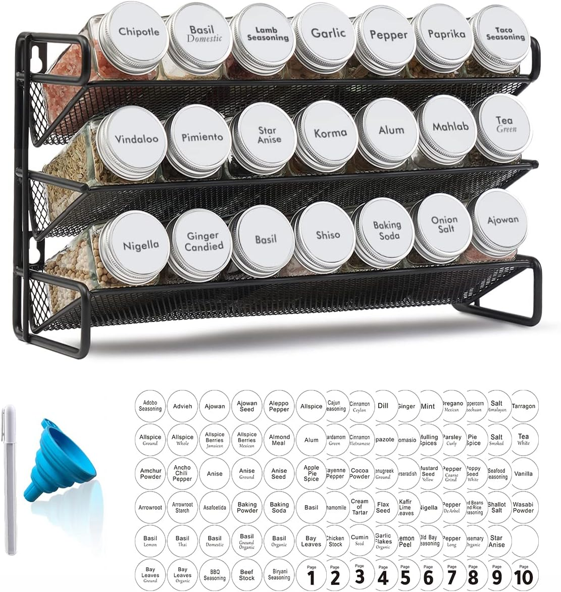 Spaceaid Spice Rack Organizer with 28 Spice Jars, 386 Spice Labels, Chalk Marker and Funnel Set for Cabinet, Countertop, Pantry, Cupboard or Door & Wall Mount - 28 Jars, 13.4" W &times; 10.8" H, Black