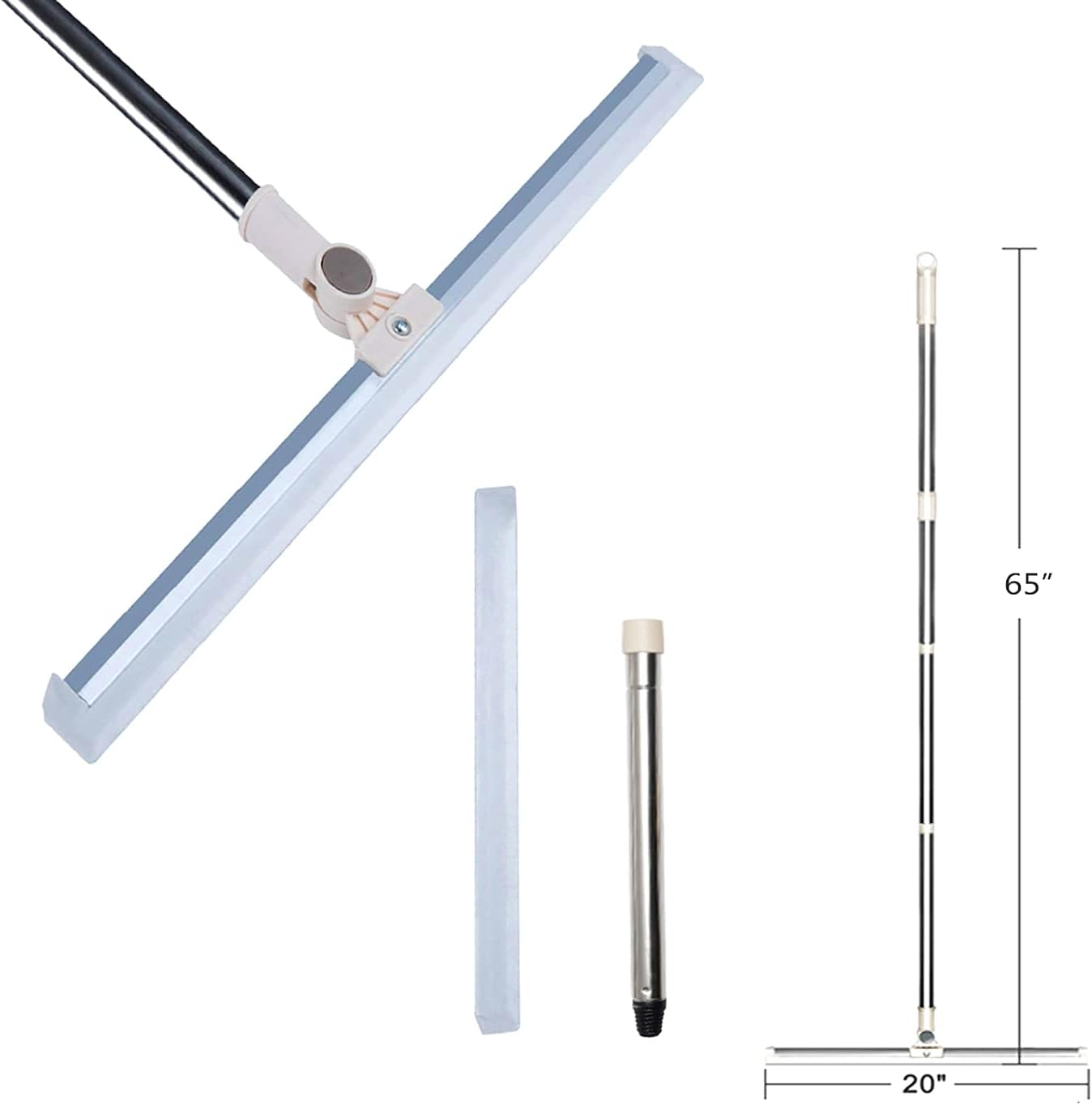 Floor Squeegee 20 Inch Silicone Long Handle of 65" for Window Cleaning Shower Squeegee Scrubber Combi with Pole Extendable Telescopic Adjustable Stainless Glass Squeegee Bathroom Shower image number 4