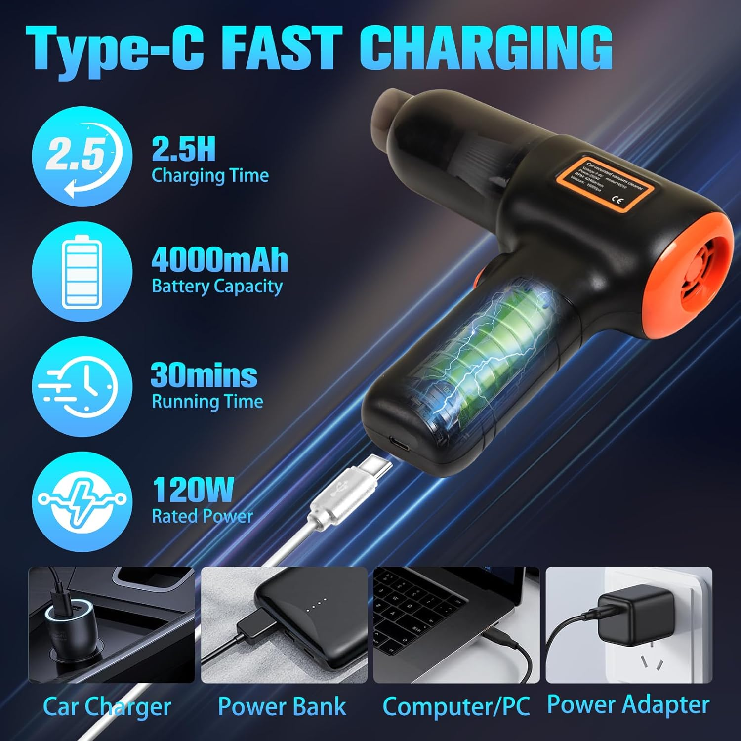 Mini Vacuum Cordless, 16000Pa Car Vacuum Cleaner Cordless, 120W Brushless Motor Handheld Vacuum Cordless, Multi-Nozzles, Car Cleaner for Pet Hair with 2 Gear Adjustment, Car, Home, Office, Kitchen image number 3