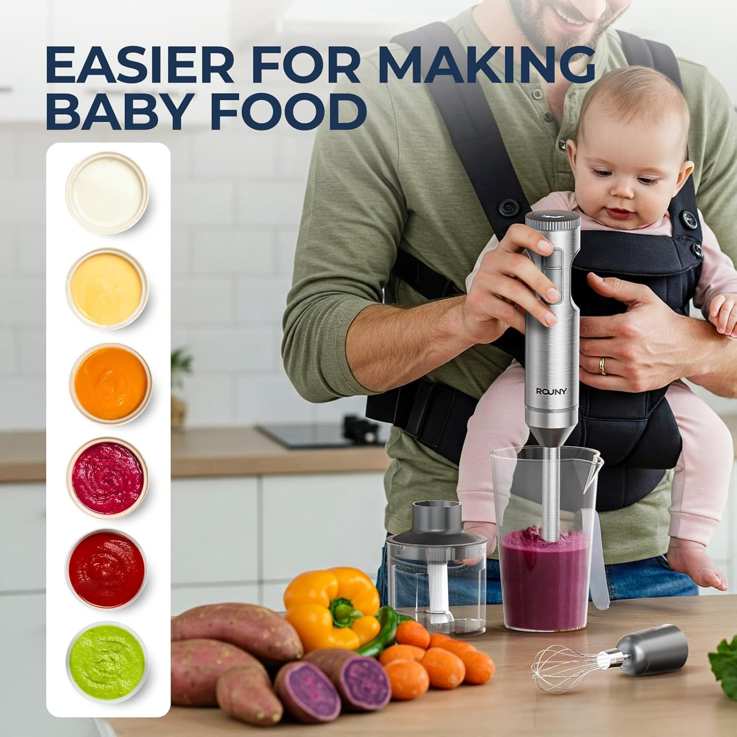 ROUNY Hand Immersion Blender, 1000W Powerful 4-In-1 Stick Blender with 9-Speed Control, Stainless Steel Body, Includes 700Ml Beaker, 500Ml Food Processor, Whisk Attachment, Bpa-Free image number 5