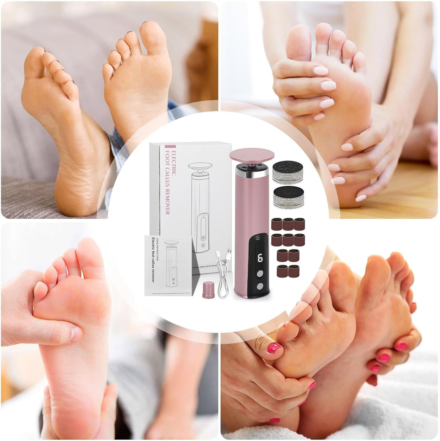 Electric Foot Callus Remover, 2-In-1 Pedicure Dead Skin Scrubber, Rechargeable Foot File with Sandpaper Discs & Grinding Heads for Smooth Feet, 5.31X1.41X1.41 Inches image number 4