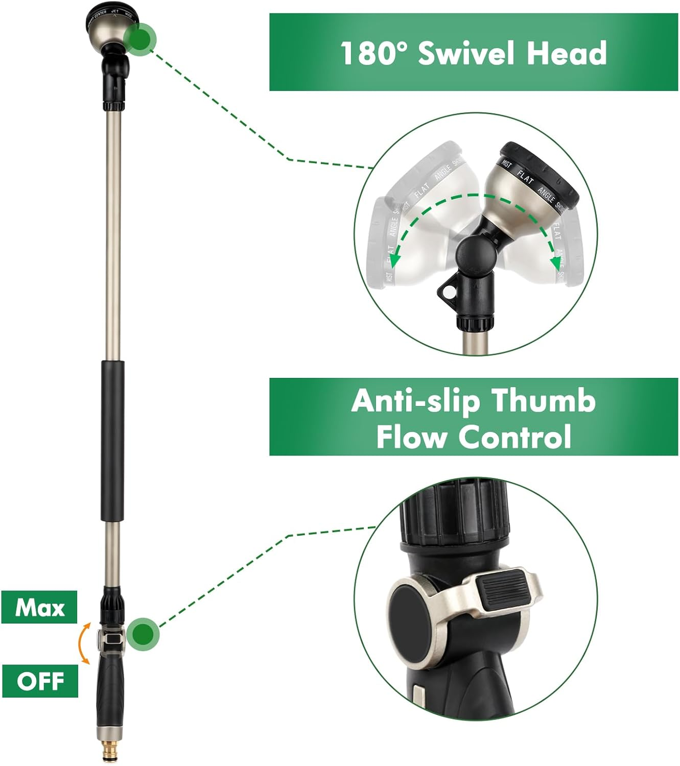 RESTMO Watering Wand Heavy Duty, 92Cm Metal Spray Lance | 180&deg; Adjustable Ratcheting Head | 10 Spray Patterns Hose Wand, Perfect Garden Long Sprayer Gun to Water Hanging Baskets, Shrubs