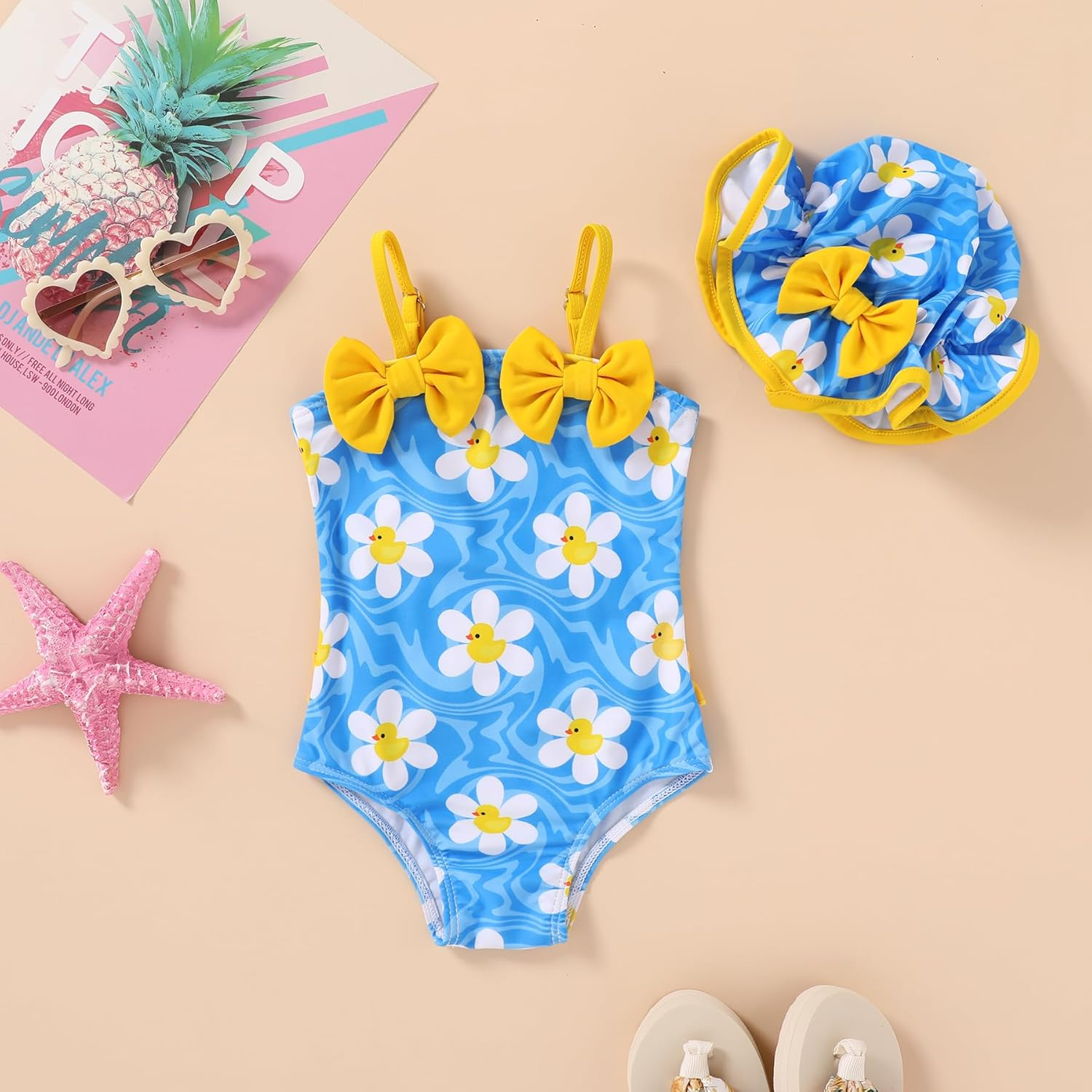 YOUNGER TREE Toddler Baby Girl Swimsuit Infant One Piece Bathing Suits with Hat Newborn Summer Beach Swimwear image number 3
