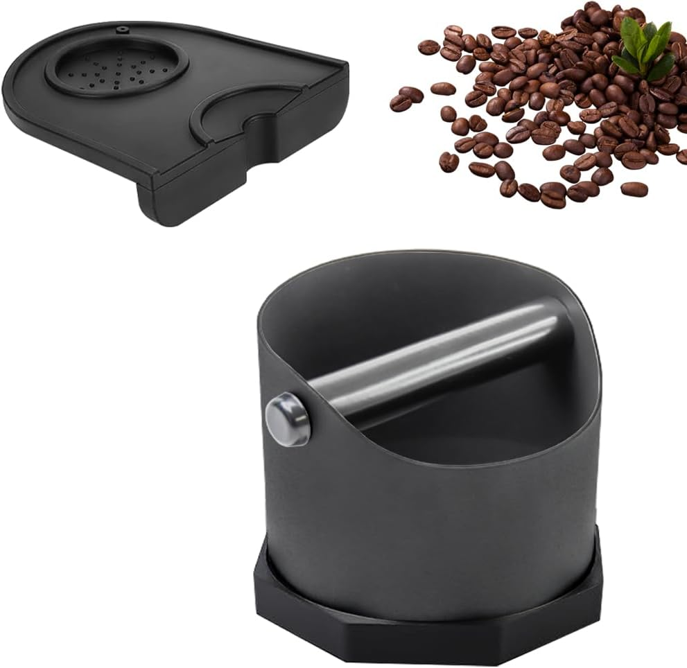 Coffee Knock Box and Tamper Mat Set Coffee Grounds Knock Box and Anti-Slip Silicone Tamp Mat Coffee Bin Accessories for Home Coffee Bar (Stainless Knock Box + Tamper Mat)