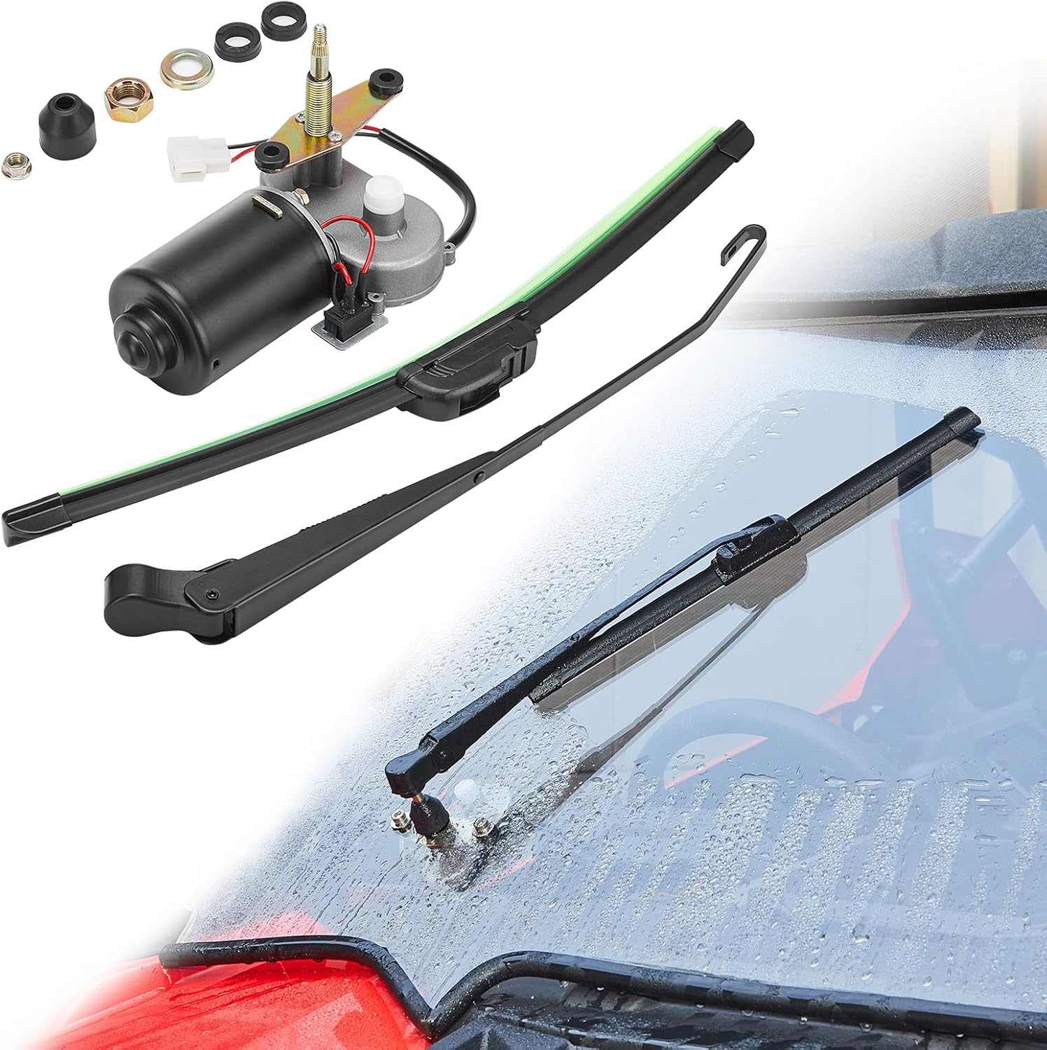 KEMIMOTO UTV Electric Windshield Wiper Motor Kit for Most UTV Compatible with Can Am Defender Pro Compatible with Mule Teryx 16" 12V Wiper Blade