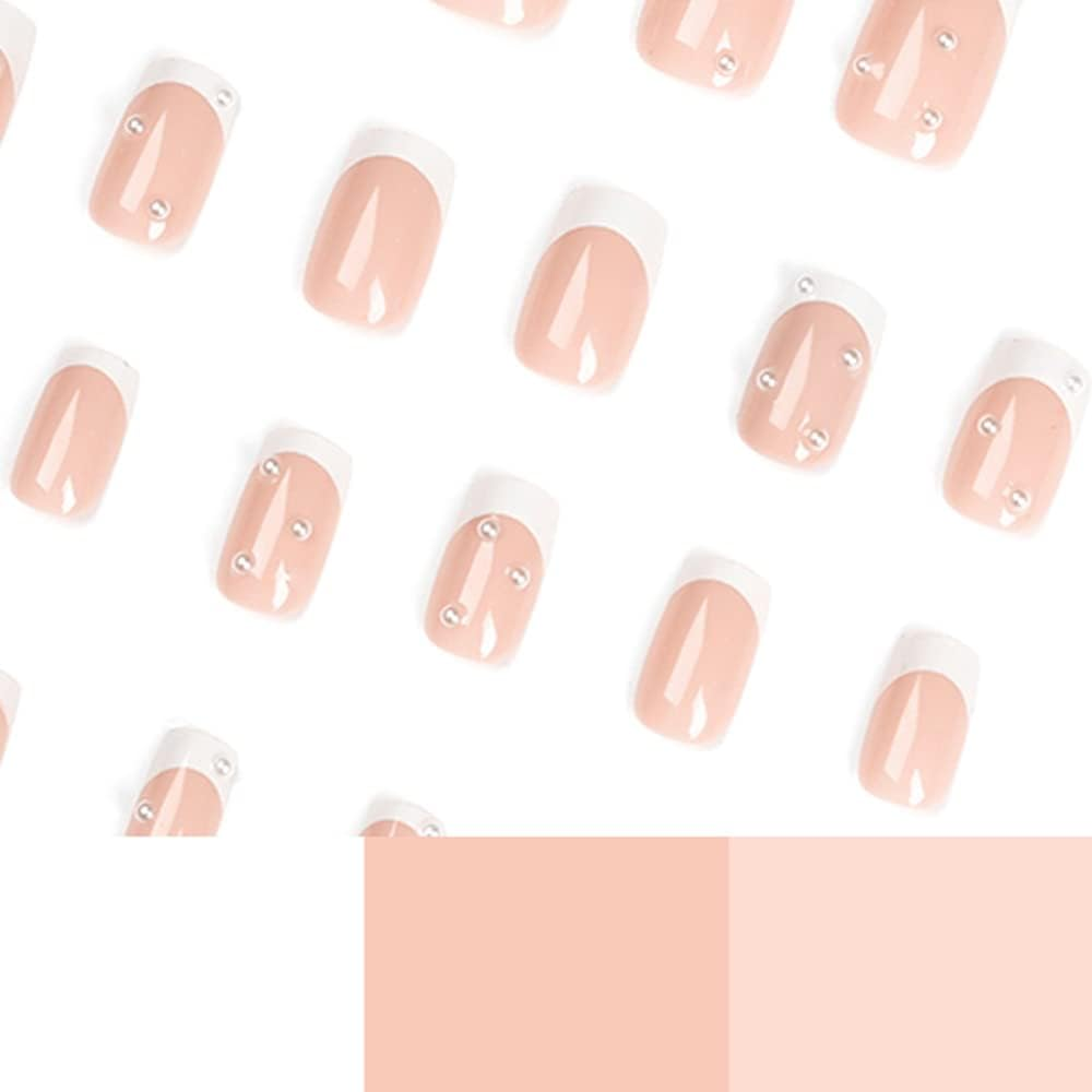 KXAMELIE Square Nude Nails for Gluing Short with Beads Designs, Shiny White French Acrylic Nails, Full Cover, Short Coffin False Nails for Women and Girls, 24 Pieces image number 4