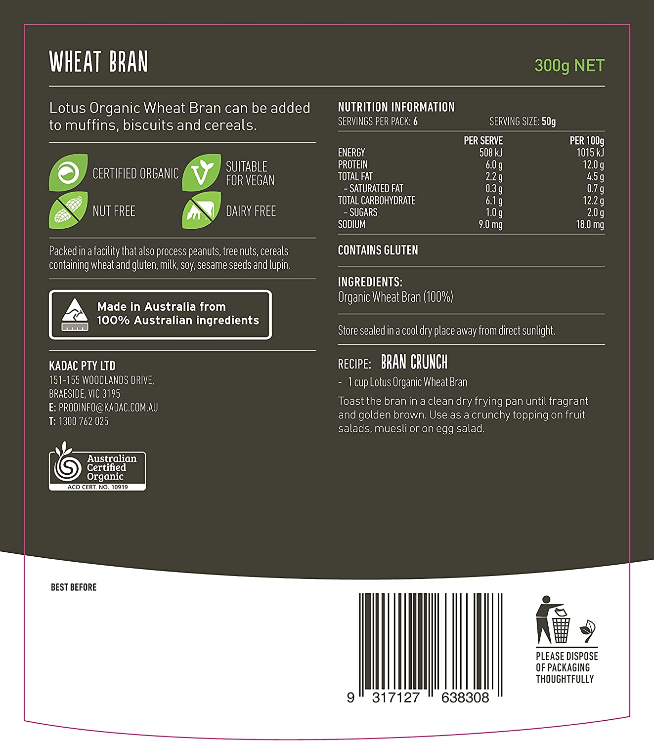 Lotus Organic Wheat Bran 300 G, 300 G image number 1