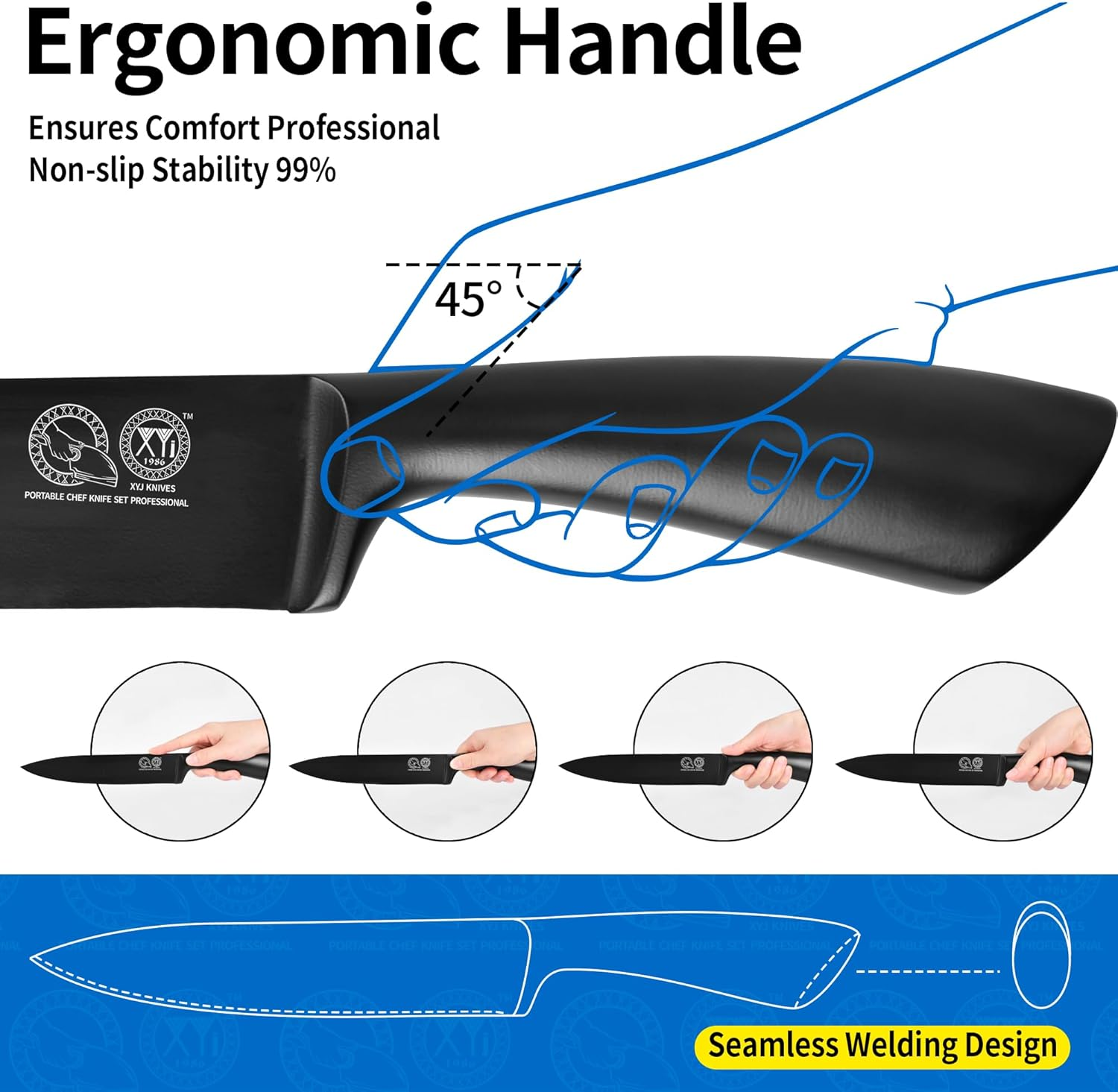 XYJ Knives,Professional Knife Sets for Master Chefs,Meat Cleaver Butcher for Camping,Chef Knife Set with Bag,Birthday Gifts for Women Men Presents (Full Black) image number 5