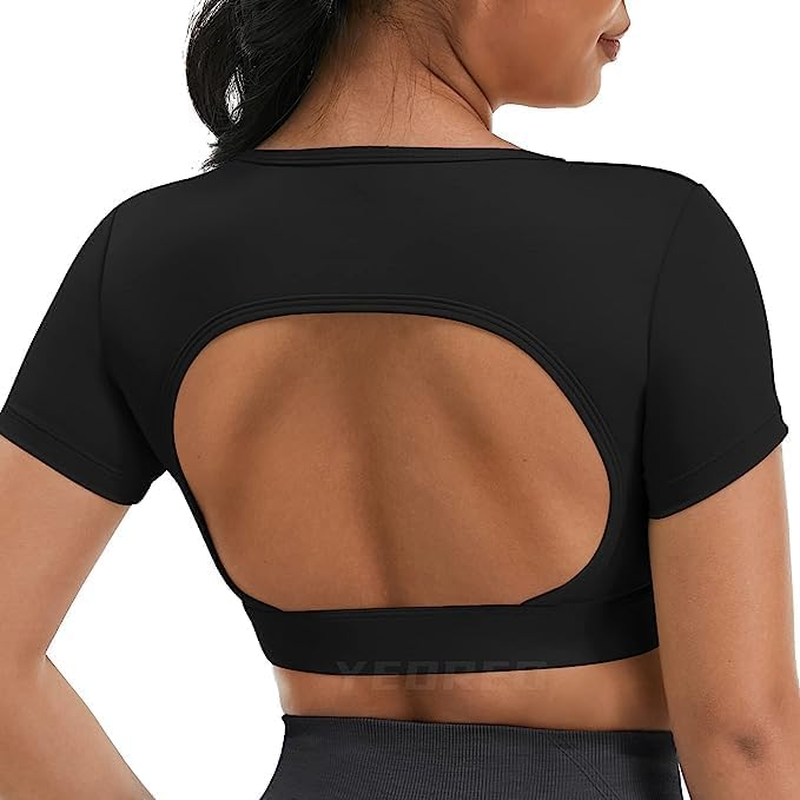 Women Open Back Tee Crop Tops with Removable Pad Workout Backless Gym Shirt Bra Going Out T Shirt Top image number 4