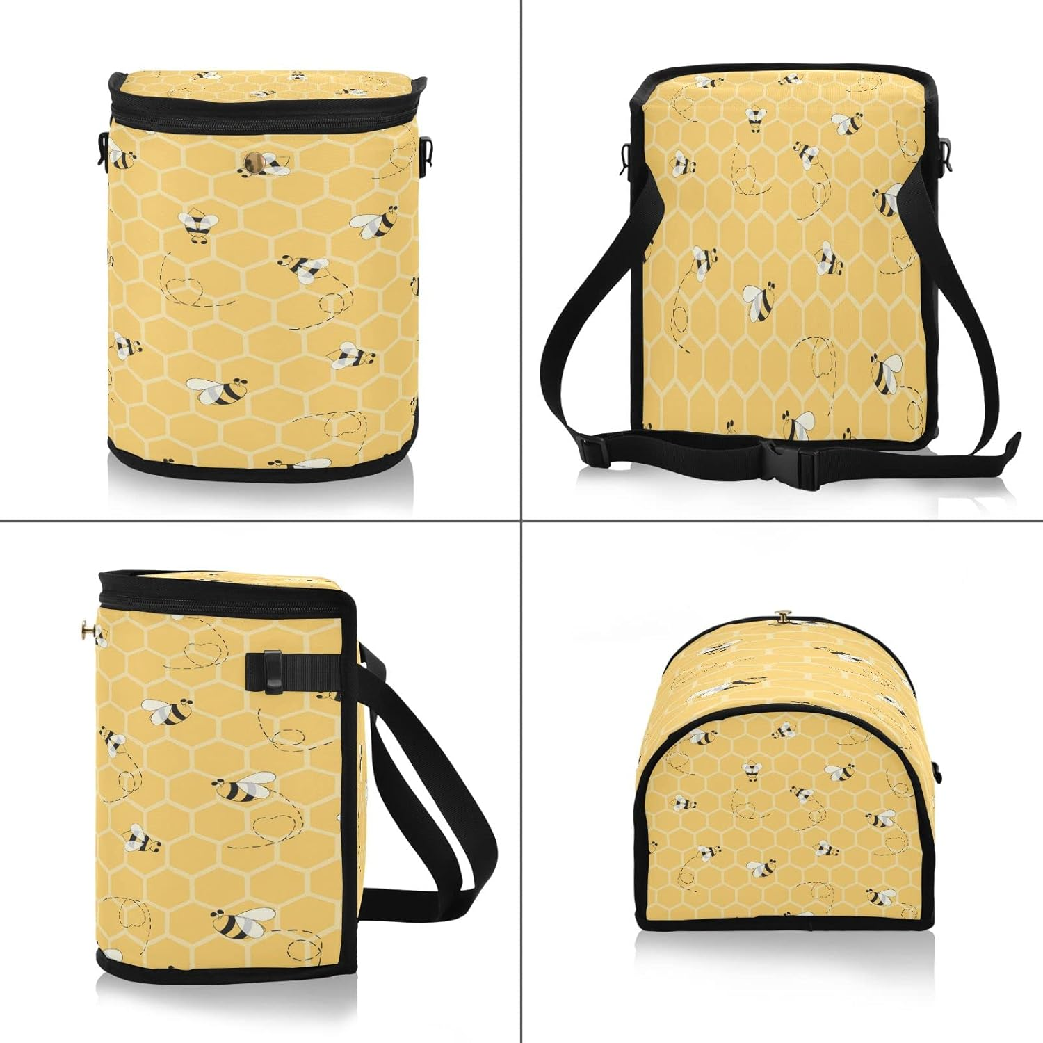 Quteprint Animal Bees Honeycomb Yellow Car Trash Can with Lid, Car Garbage Bag Can Hanging Storage Bag Leakproof Vehicle Car Organizer Accessories Trash Bag Bin Toy Cooler Food Container for Car SUV