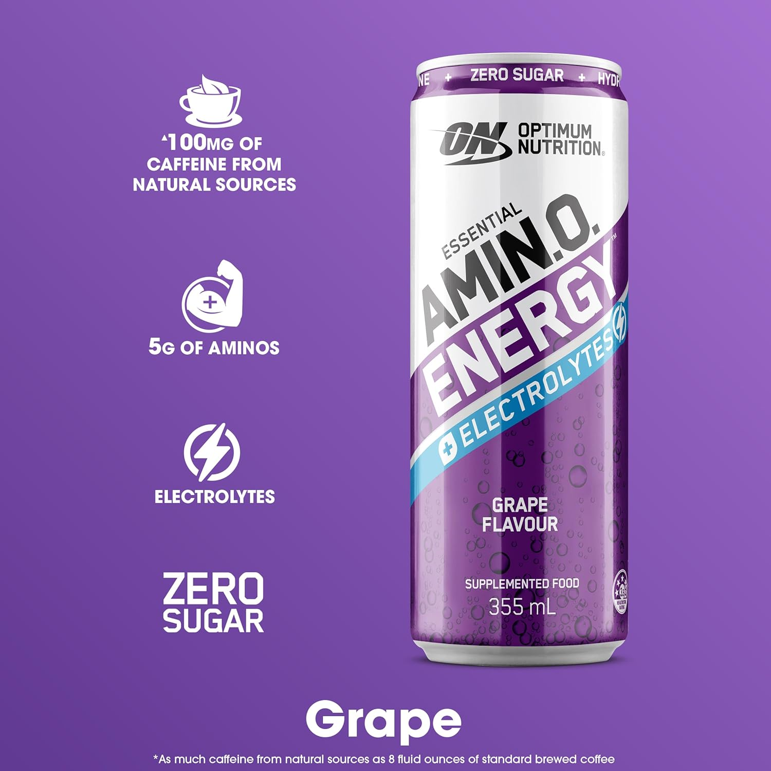 OPTIMUM NUTRITION Amino Energy + Electrolytes Sparkling Hydration Drink, Grape Flavour, 355Ml, 12 Pack